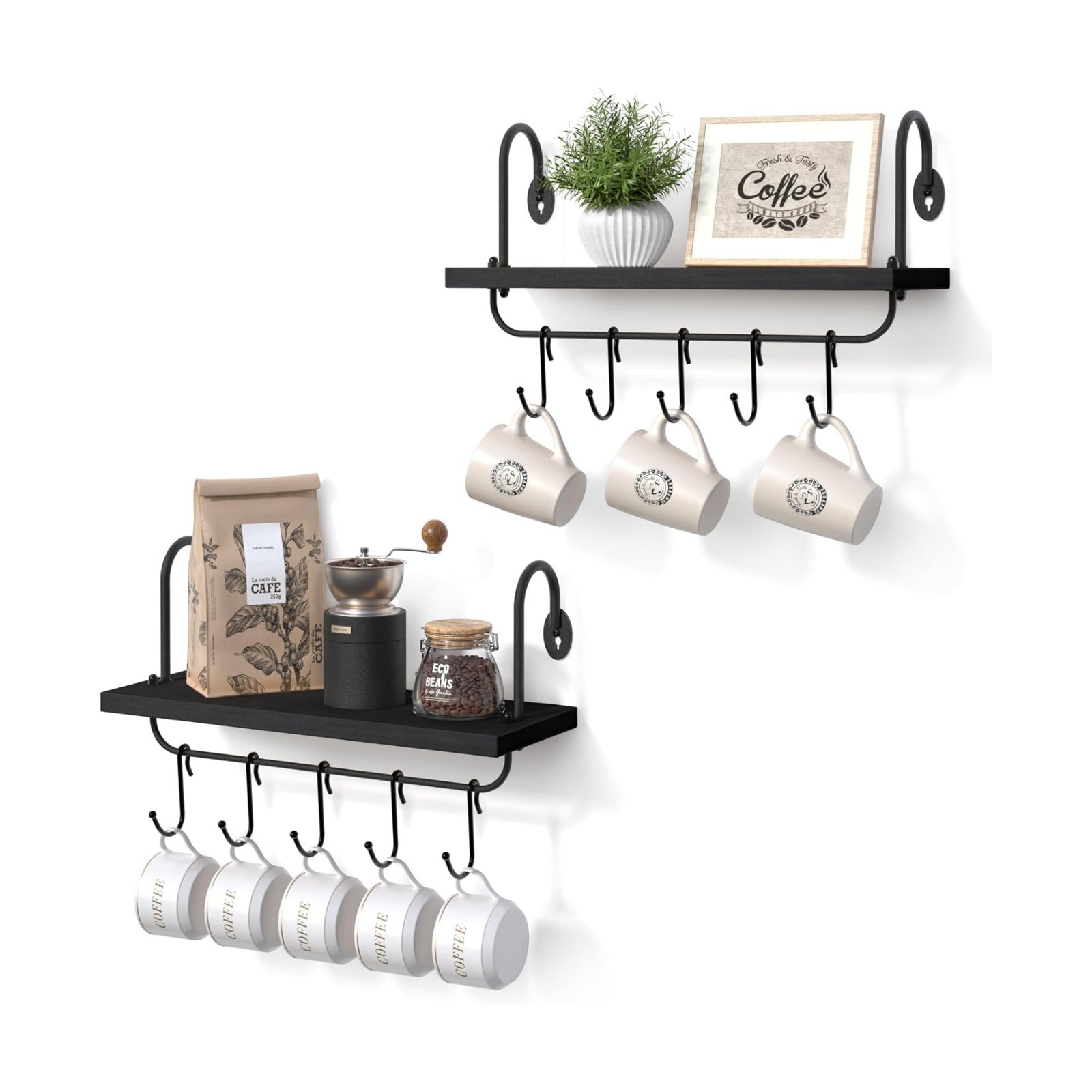Olakee Floating Wall Shelves for Kitchen Bathroom Coffee Nook with 10 Adjustable Hooks for Mugs Cooking Utensils or