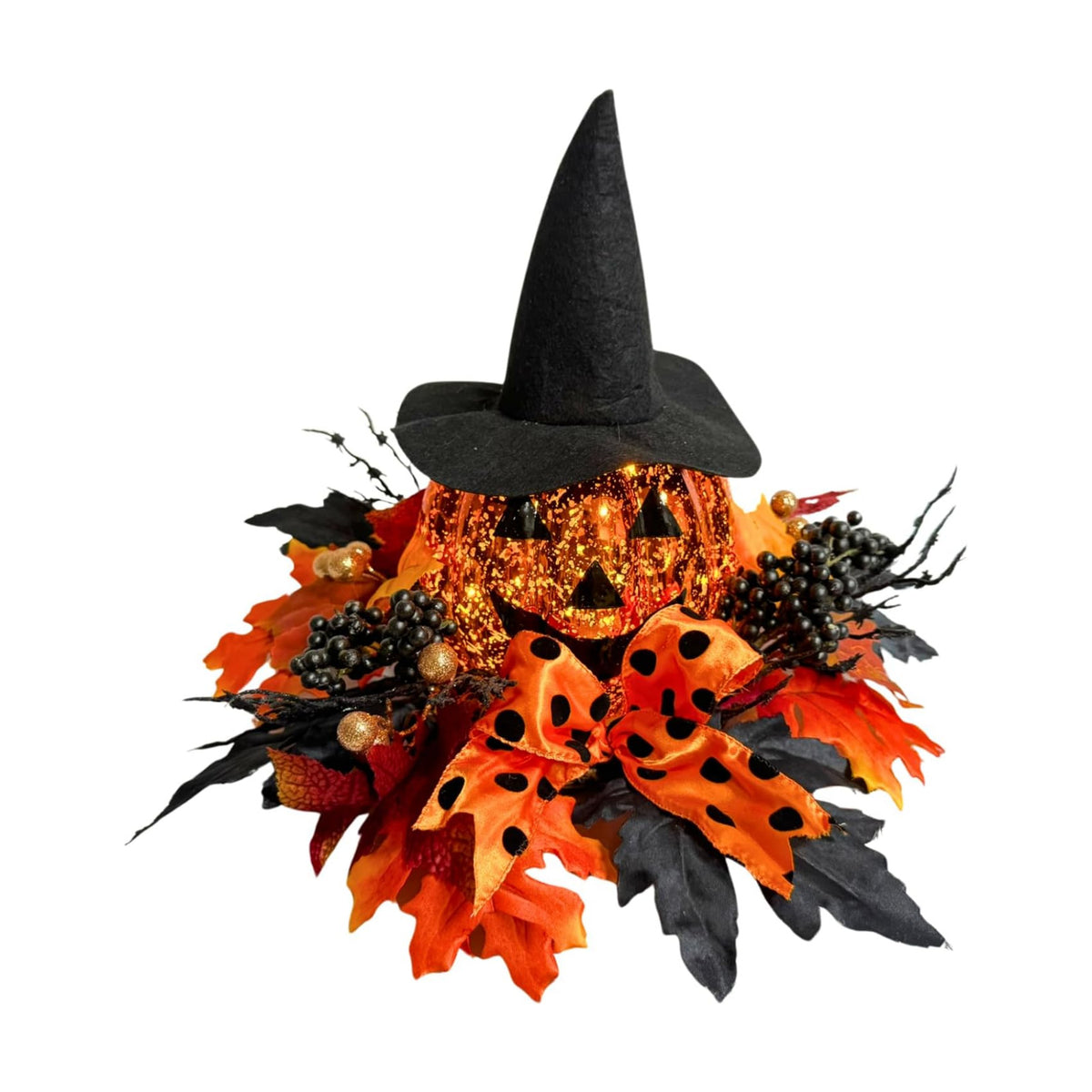 Svndlyn 15 Inch Lighted Halloween Pumpkin Decor with Witch Hat and Bow