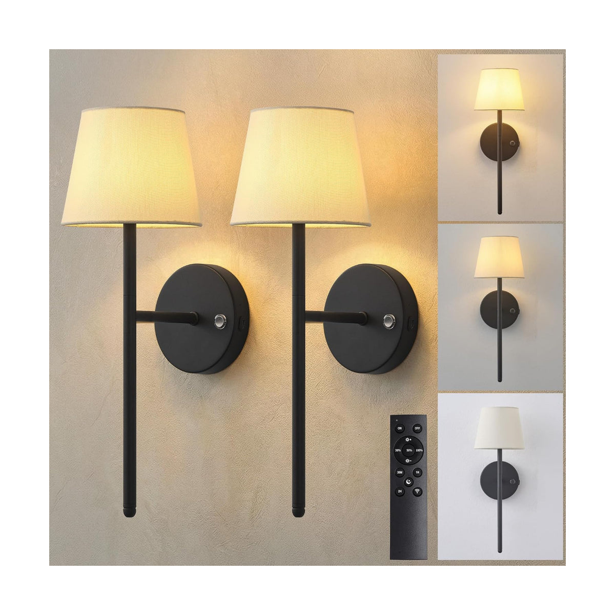 Battery Operated Wall Sconce Set of 2, Black Rechargeable Wall Light | Small, LED, 5200mAh, Dimmable, Fabric Shade