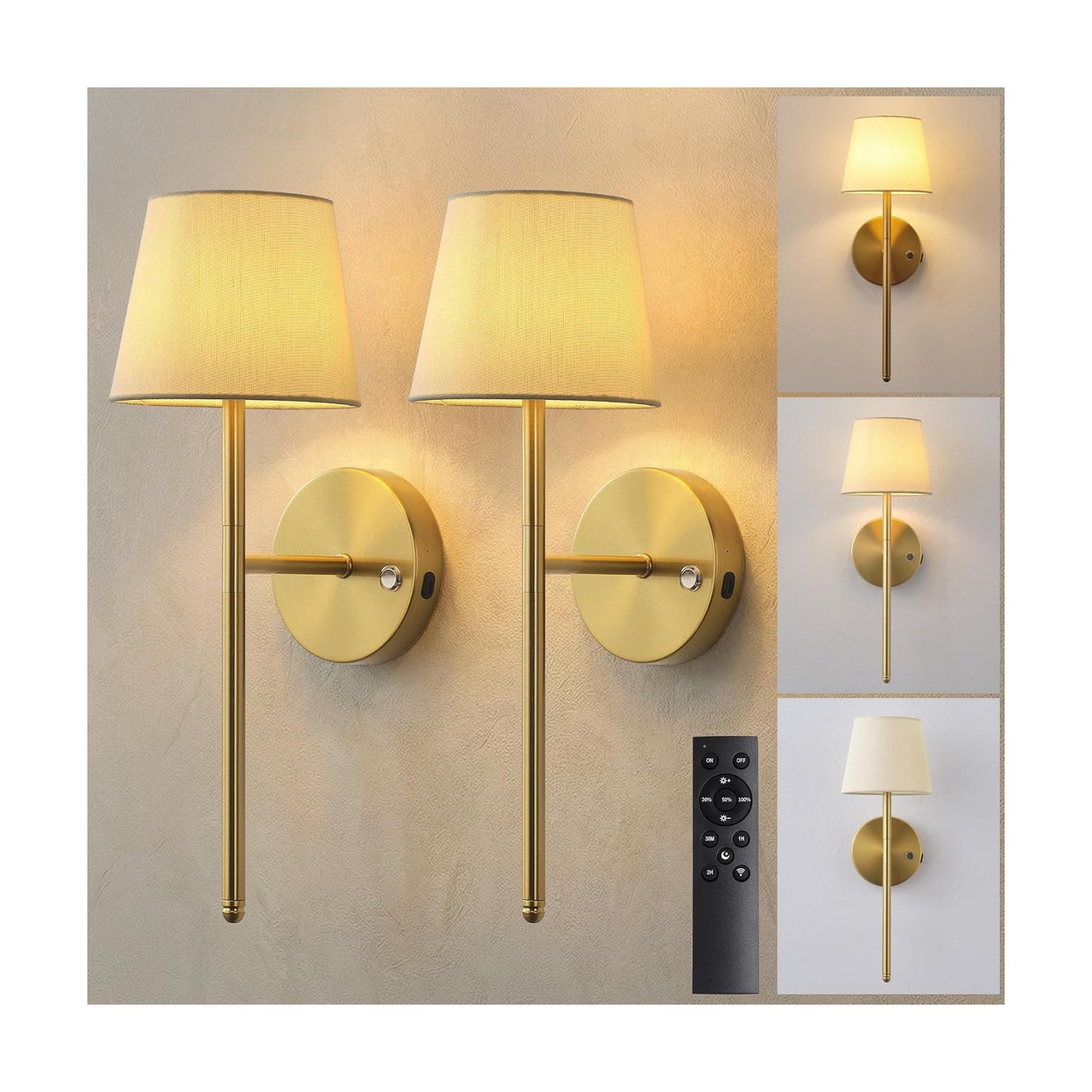 Battery Operated Wall Sconce Set of 2, Gold Rechargeable Wall Light | Small, LED, 5200mAh, Dimmable, Fabric Shade