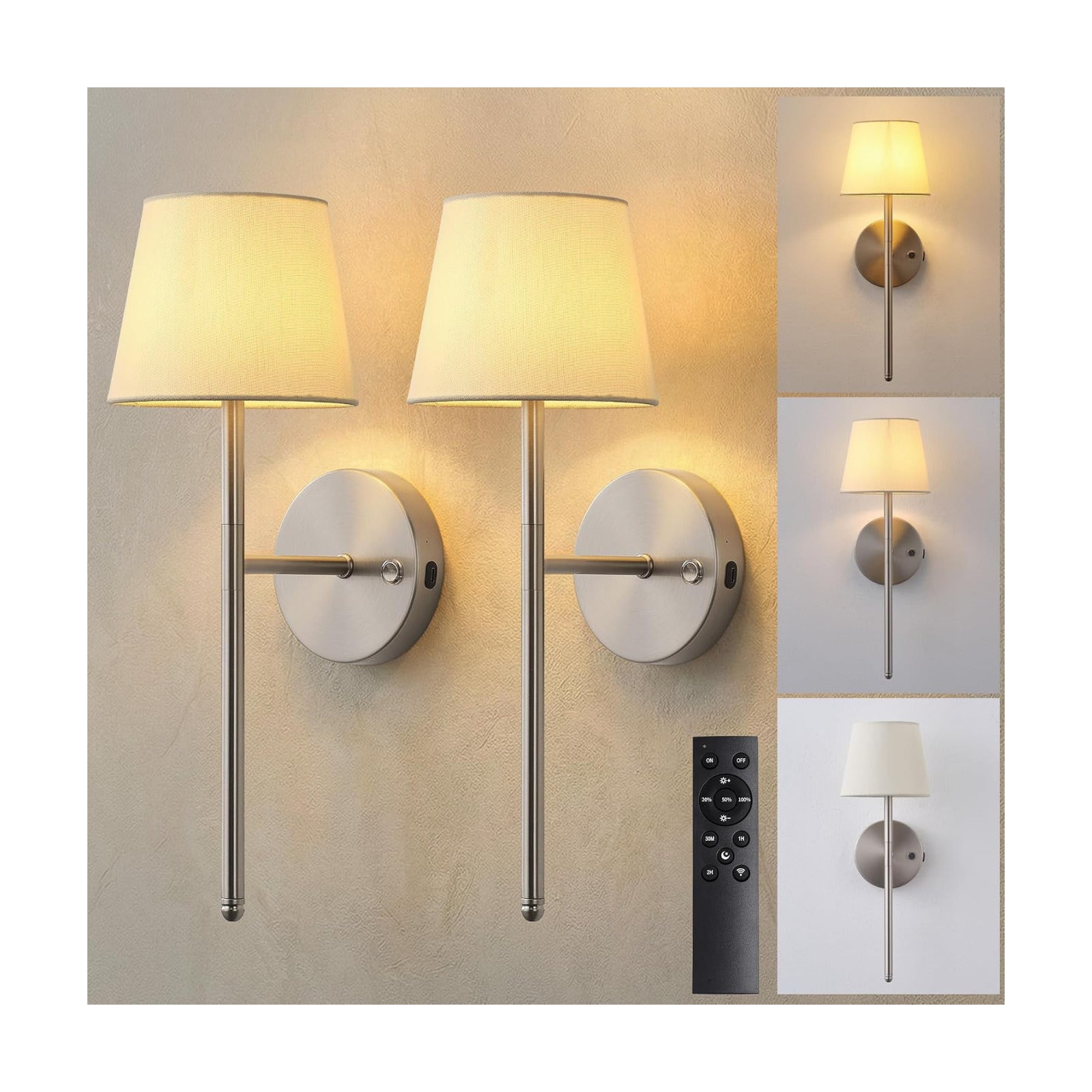 Cordless Small Wall Sconce Set of 2, Nickel Rechargeable Wall Light | Dimmable LED Battery Operated, Fabric Shade Wall