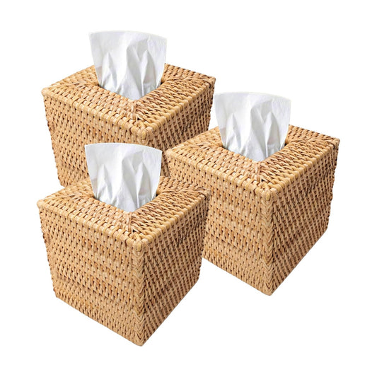 Square Rattan Tissue Box Cover Decorative Hand Wicker Woven Tissue Box Holder / Natural / Set of 3