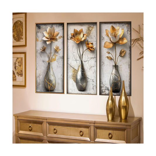 3D Flower Wall Art Stickers Floral Vase Wall Decals Peel and Stick Living Room / Large / Gold