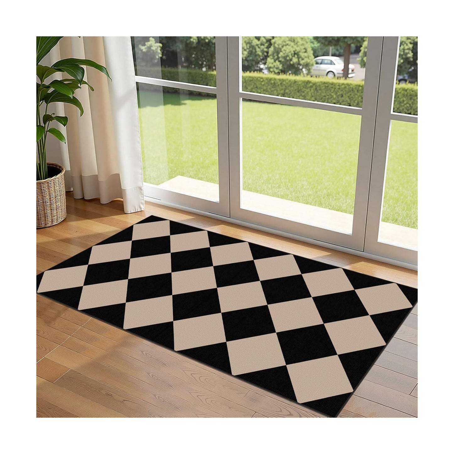 Front Door Mat Indoor Entrance - 2x4.3 Ft Black Tan Checkered Rug
