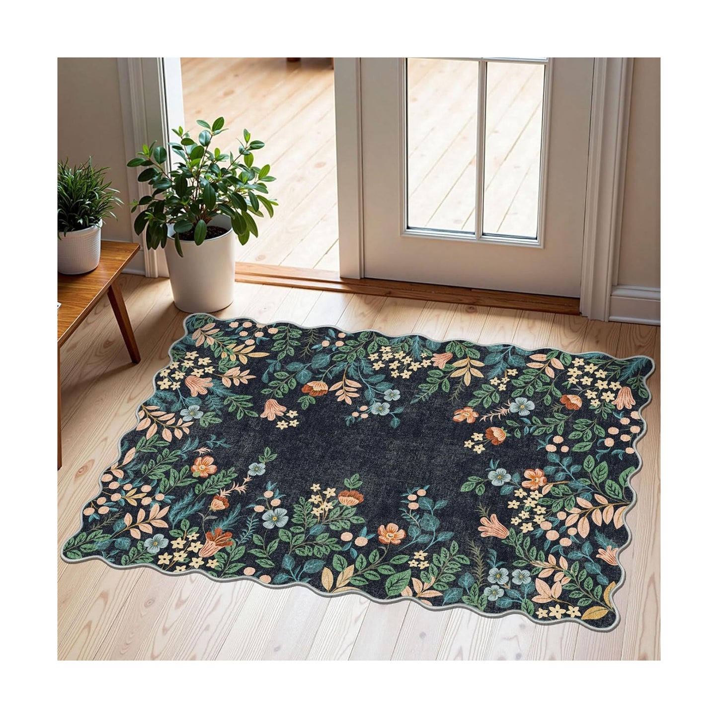 Front Door Mat Indoor Outside Entrance - 2x3 Dark Navy Floral Rug