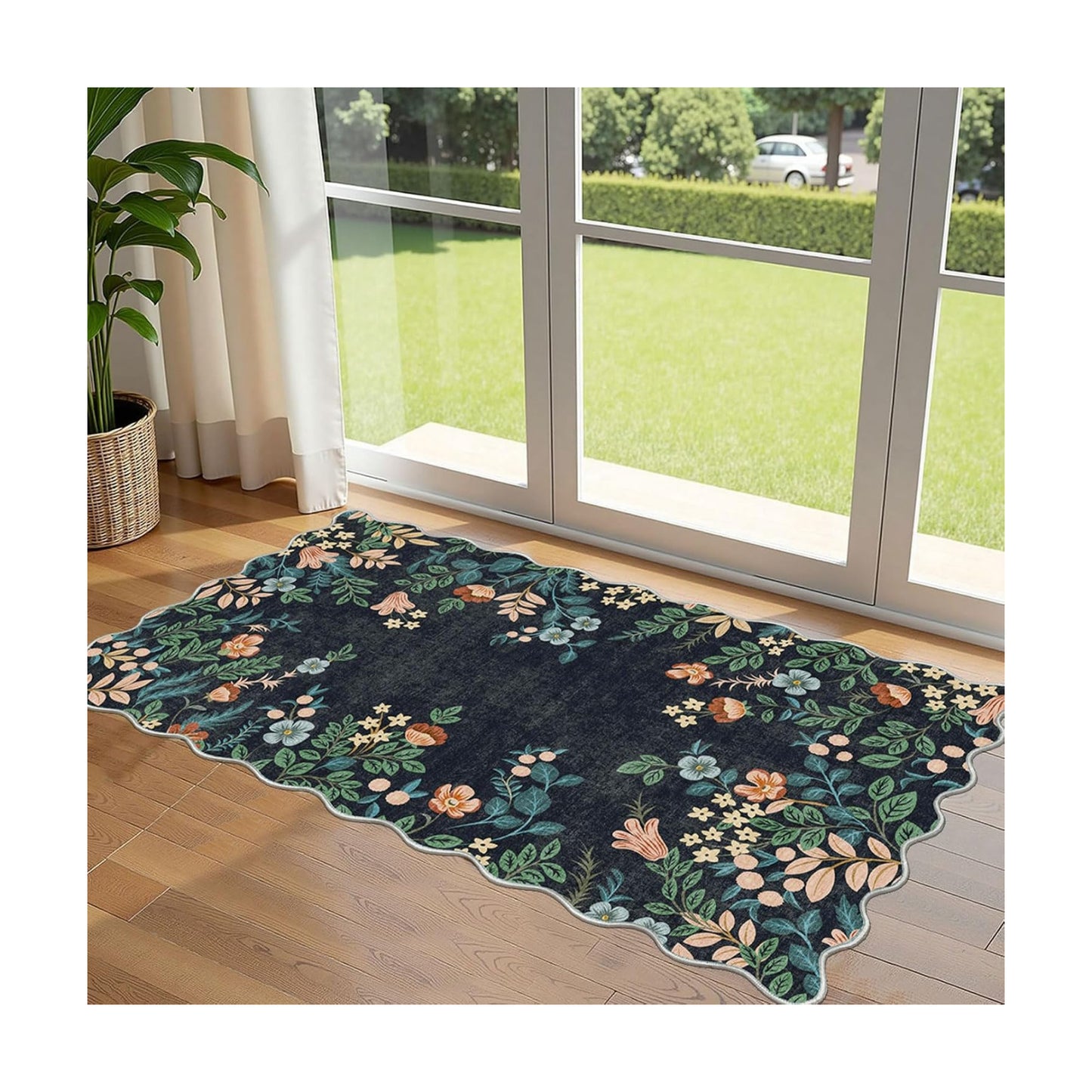 Front Door Mat Indoor Entrance - 2x4.3 Ft Dark Navy Floral Washable Layered Doormat Outdoor Entrance Porch Rug Non-Slip