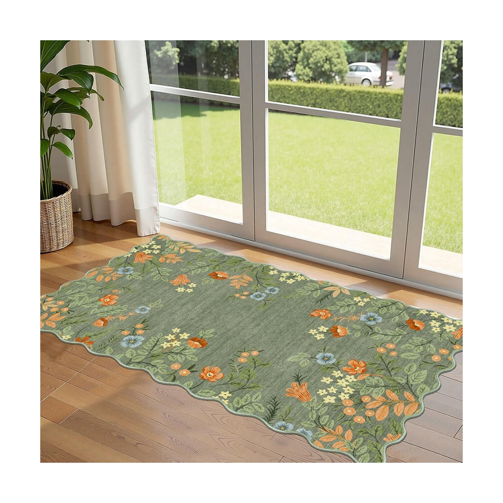 Front Door Mat Indoor Entrance - 2x4.3 Ft Sage Green Floral Washable Layered Doormat Outdoor Entrance Porch Rug