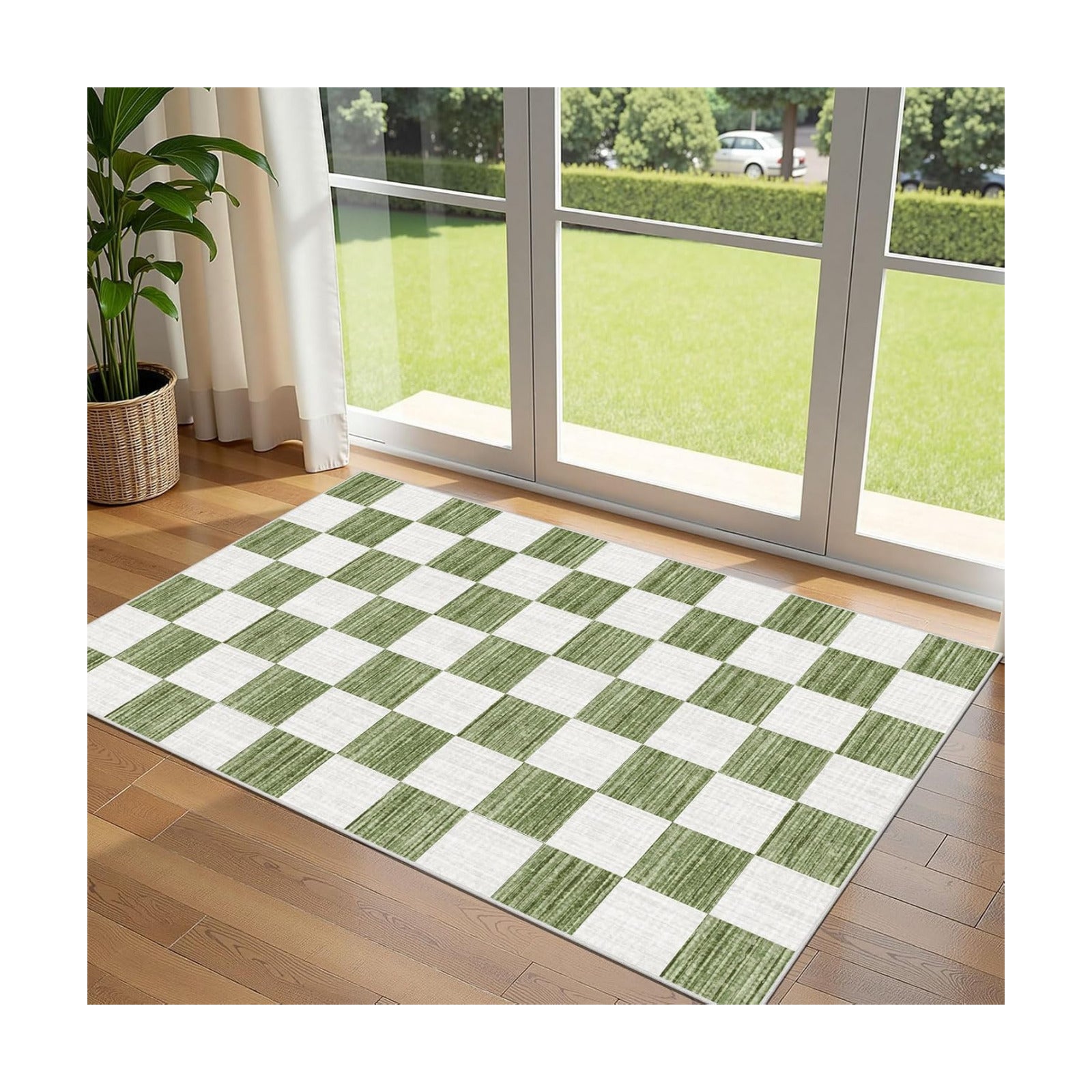 Green White Checkered Entry Rug - 3x5 Non-Slip Indoor Outdoor Rugs