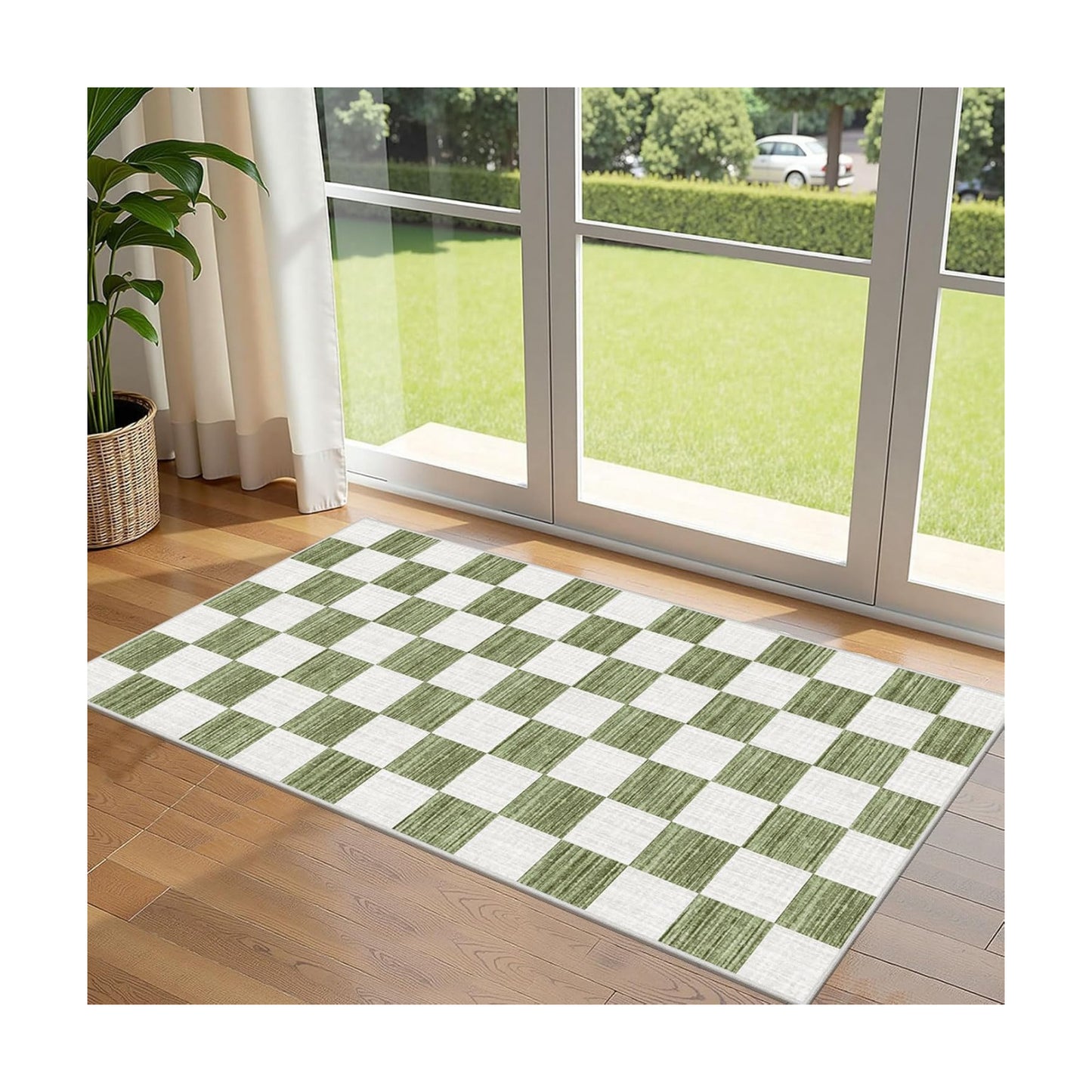 Front Door Mat Indoor Entrance - 2x4.3 Ft Green White Checkered Rug