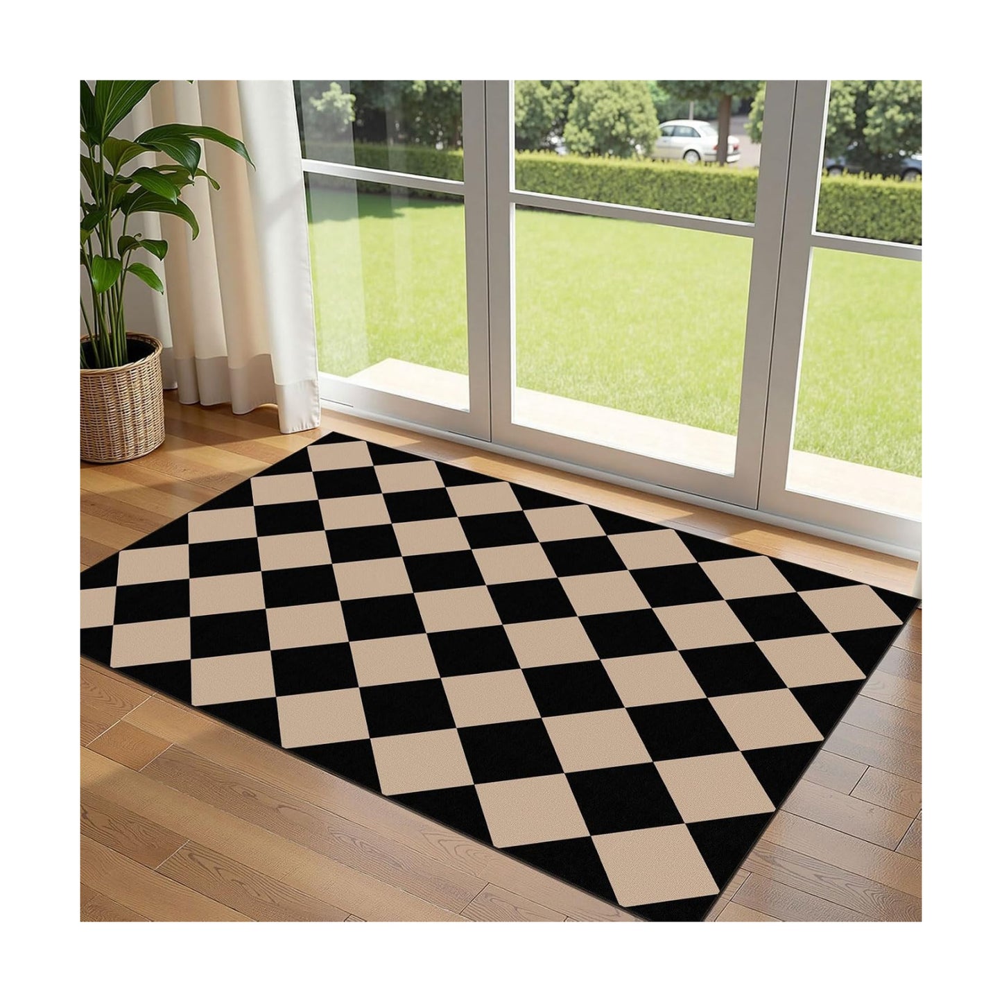 Black Tan Checkered Entry Rug - 3x5 Non-Slip Indoor Outdoor Rugs