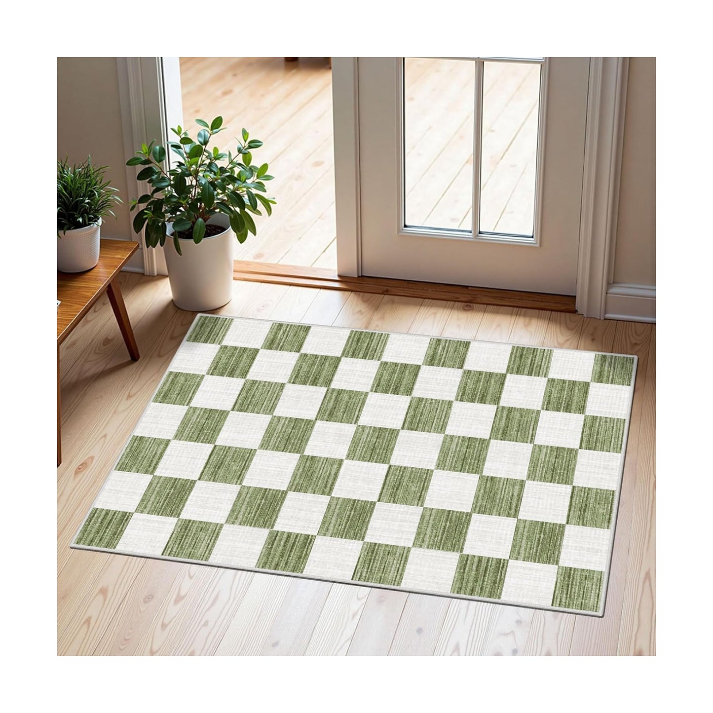 Front Door Mat Outside Entrance 2x3 Green White Checkered Rug