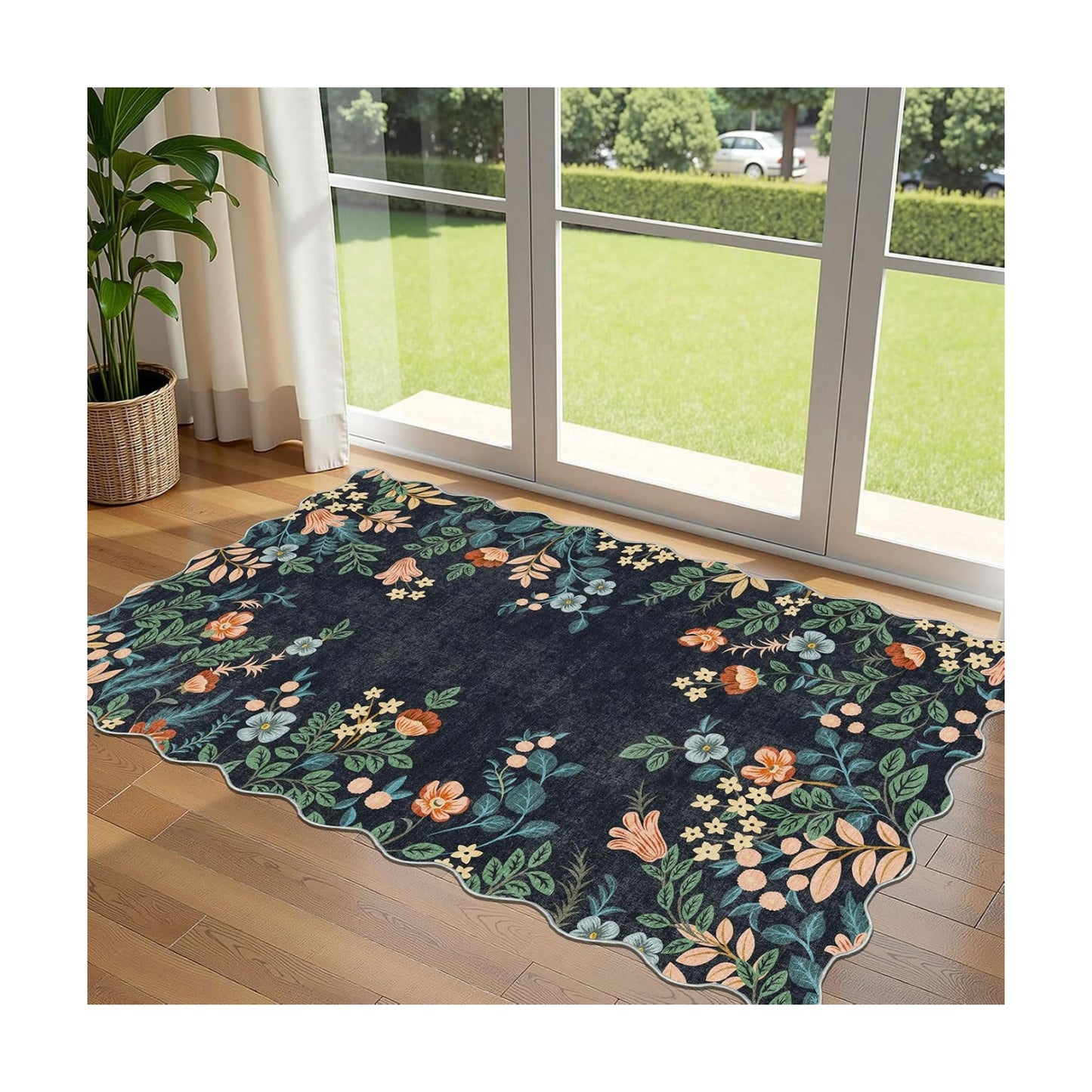 Dark Navy Floral Entry Rug - 3x5 Ft Washable Indoor Outdoor Mats for Front Door Porch Rug Non-Slip Spring Door Mat Boho