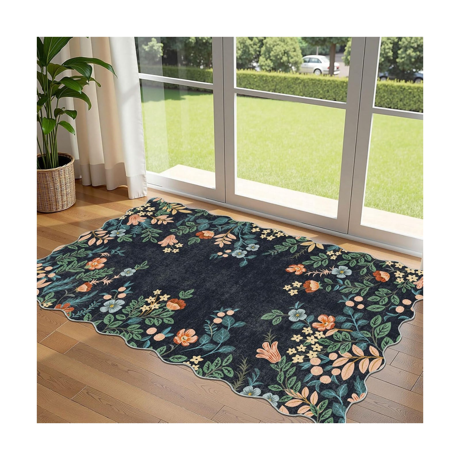 Dark Navy Floral Entry Rug - 3x5 Ft Washable Indoor Outdoor Mats for Front Door Porch Rug Non-Slip Spring Door Mat Boho