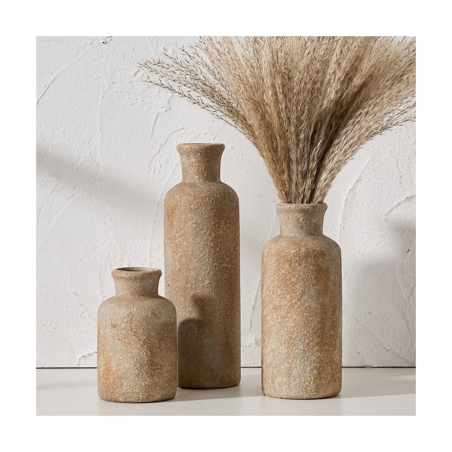 Ceramic Rustic Farmhouse Vase / Imitation Wood Color / Set of 3