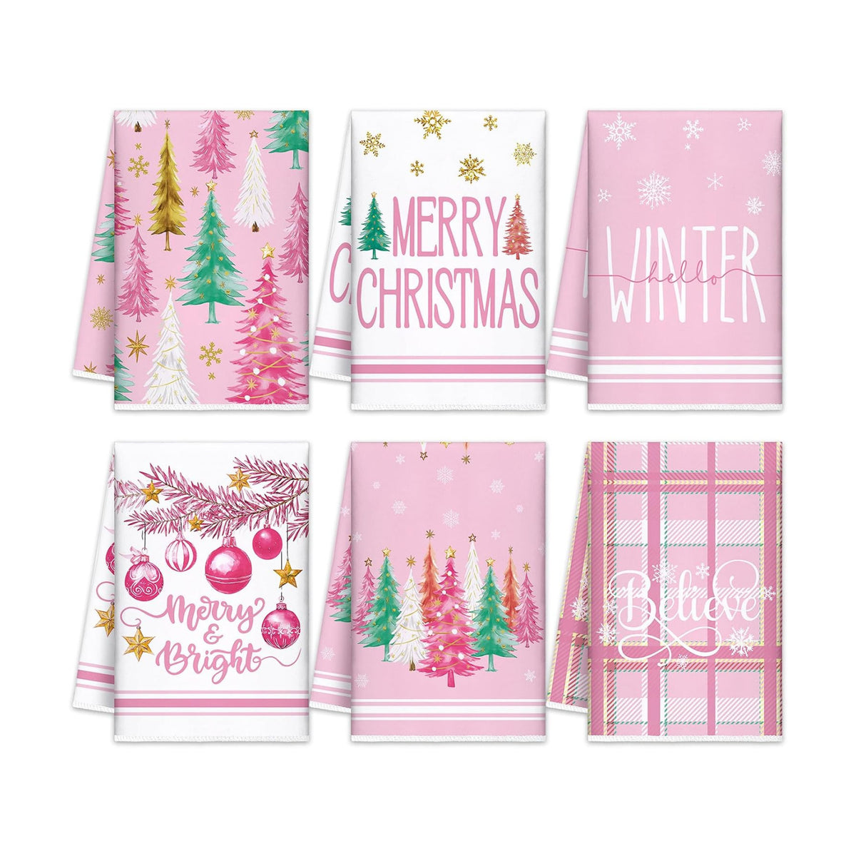 Oudain 6 Pcs Christmas Kitchen Towels Pastel Pink Xmas Tree Tea Dishtowels Decorative Plaid Bathroom Hand Towel Farmhouse Red Green Christmas Decorations for Kitchen Housewarming Home Gifts