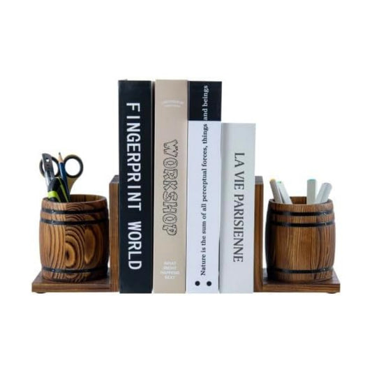 Wood Decorative Bookends / Office Desk Books Ends and Pen Holders as Vintage Wooden Barrels