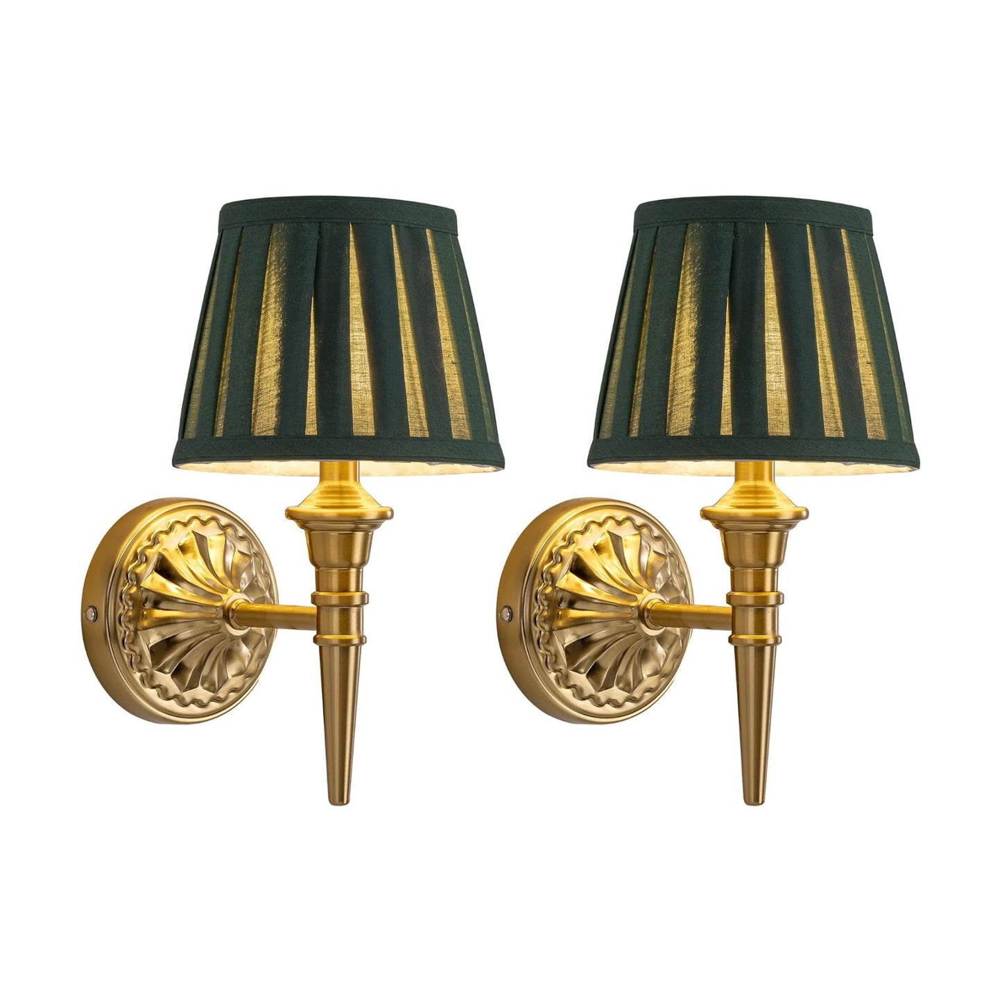 KDG Cordless Gold Wall Sconces Set of 2, Green Fabric Lampshde Wall Lamps | Small LED Wireless Portable Rechargeable