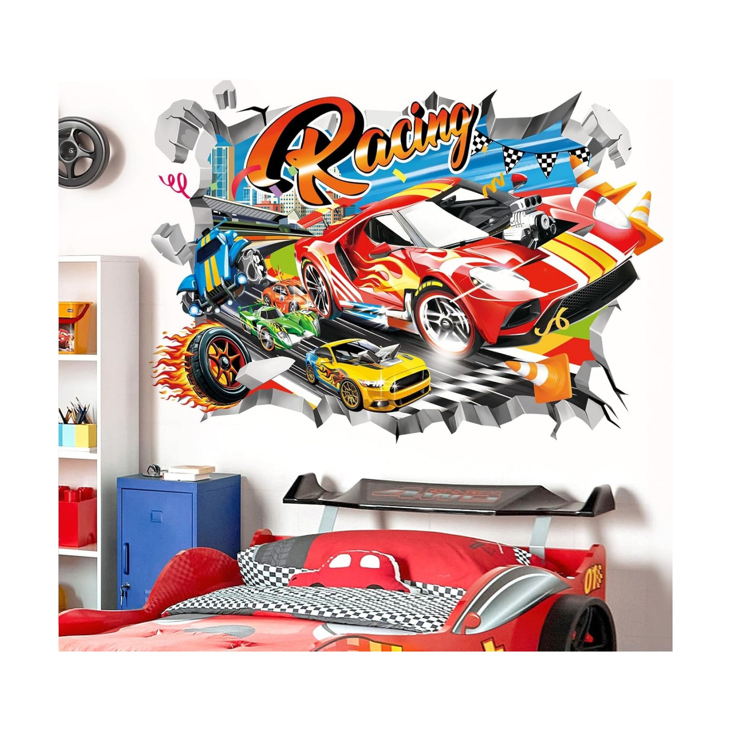 3D Racing Cars Wall Stickers Break Through Cars Flags Wall Decals Boys Bedroom Kids Room / Red