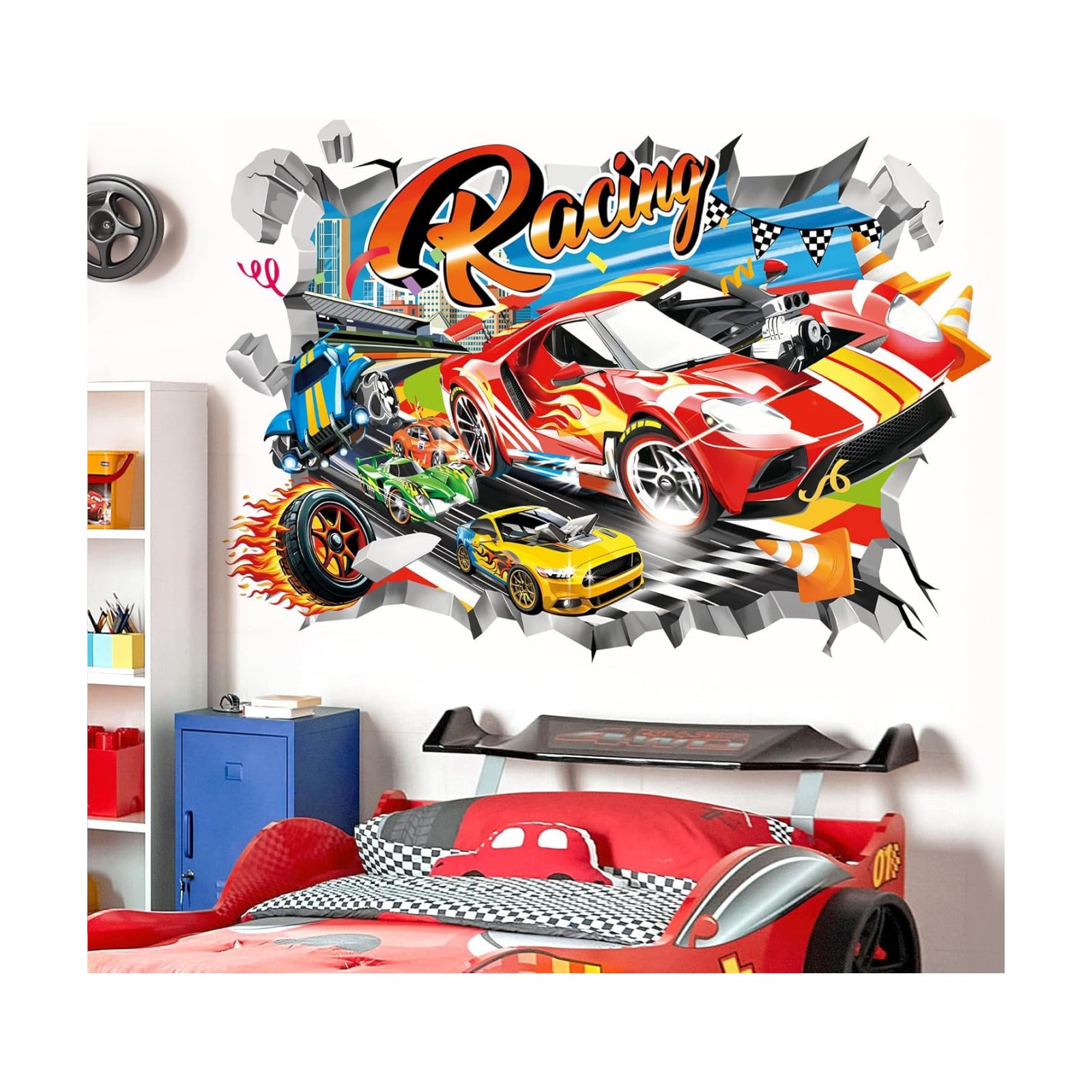 3D Racing Cars Wall Stickers Break Through Cars Flags Wall Decals Boys Bedroom Kids Room / Red
