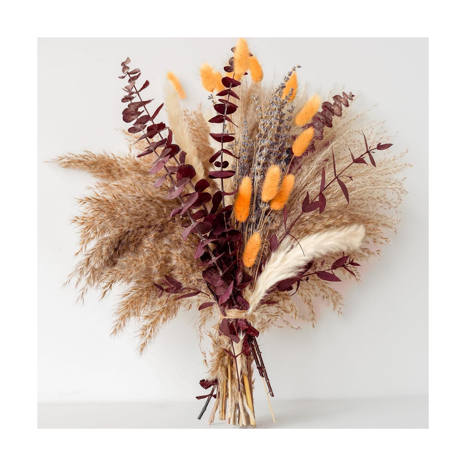 Fall Dried Flower Bouquet with Pampas Grass, Orange Bunny Tails, Lavender & Red Eucalyptus –Boho Fall Decor for Home