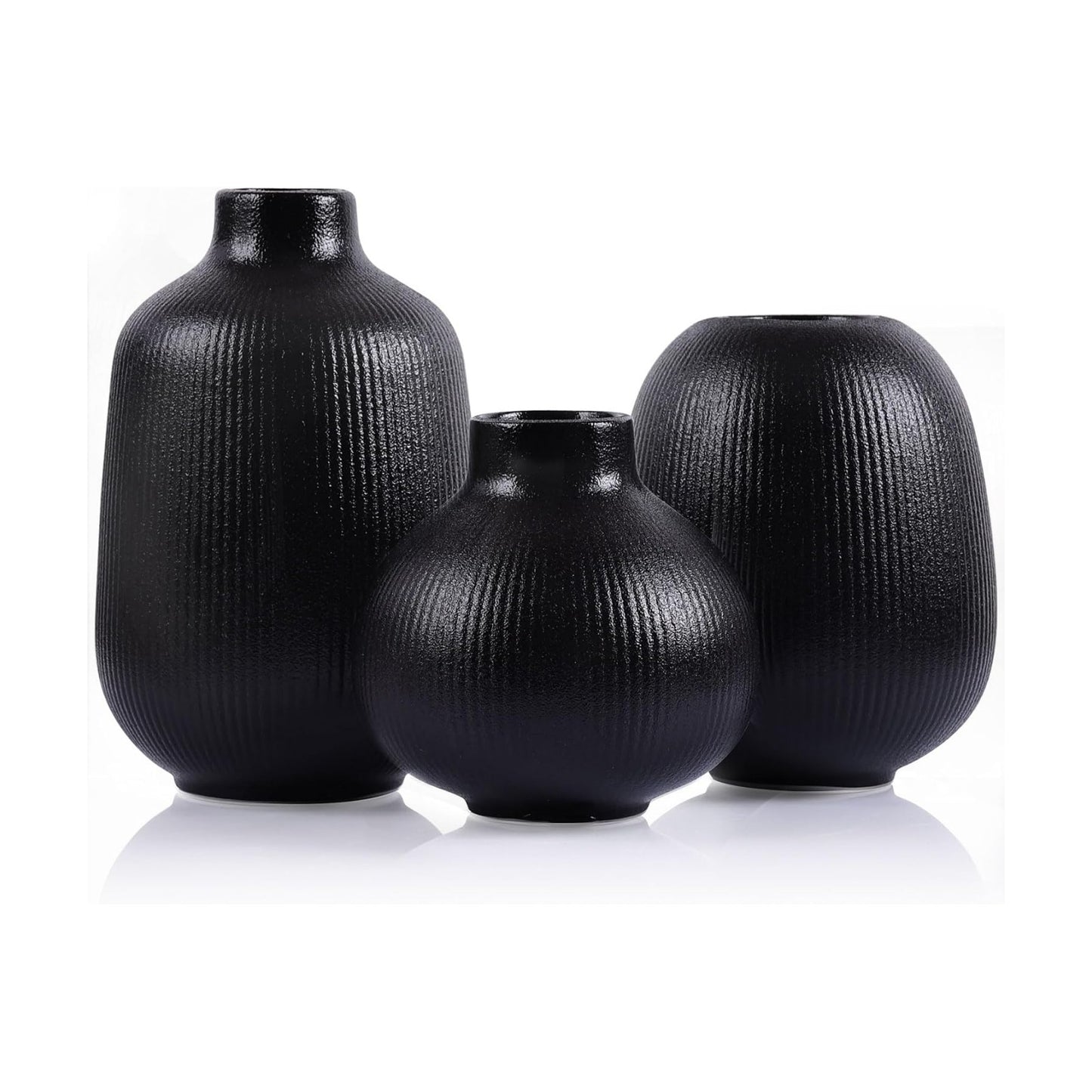 Ceramic Vase / Modern Ribbed Vases / Black / Set of 3