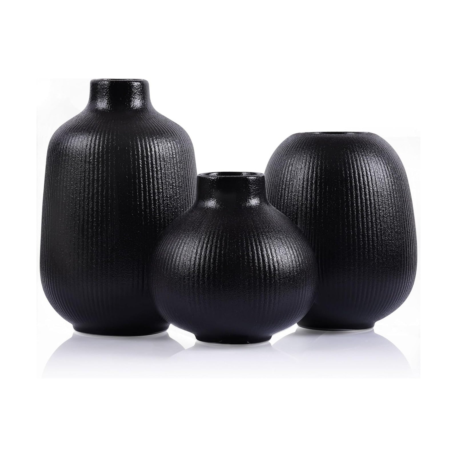 Ceramic Vase / Modern Ribbed Vases / Black / Set of 3