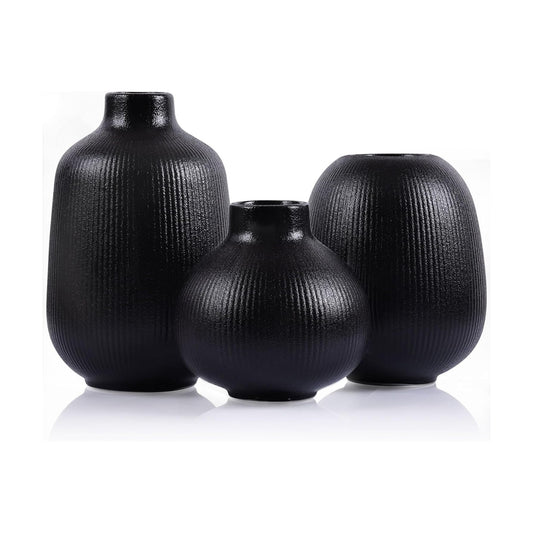 Ceramic Vase / Modern Ribbed Vases / Black / Set of 3