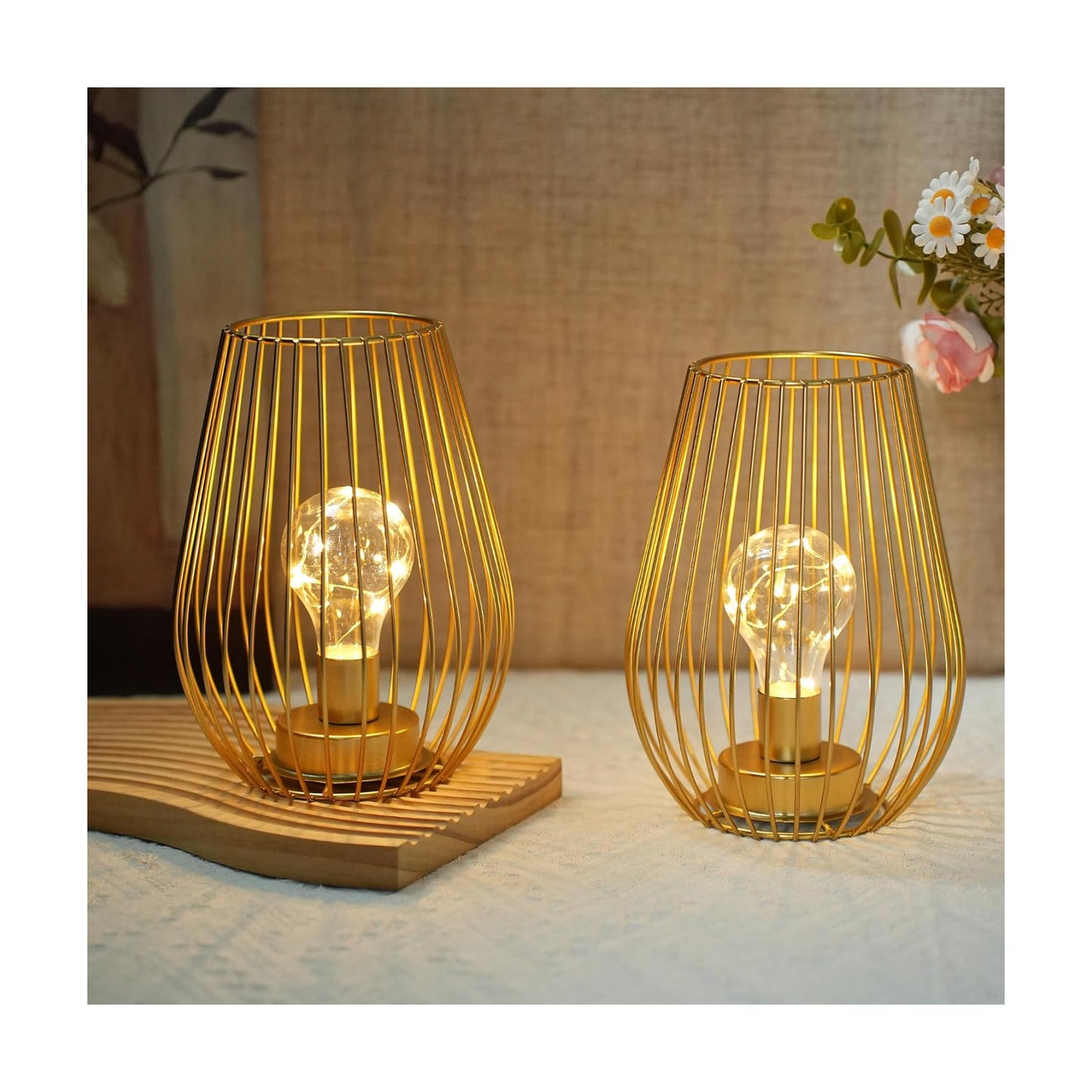 TRIROCKS Metal Cordless Table Lamp - 8'' Tall Set of 2 Cage Shape Battery Operated Lamp with Fairy Lights Bulb for