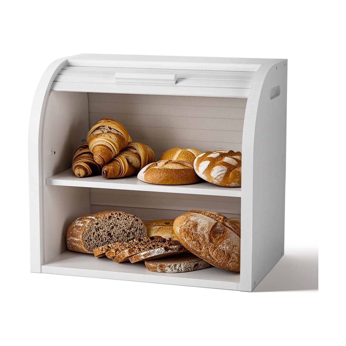 G.a HOMEFAVOR 2-Tier Bamboo Bread Box for Kitchen Counter, White | Large Roll Top Bread Storage Container, Bread Holder