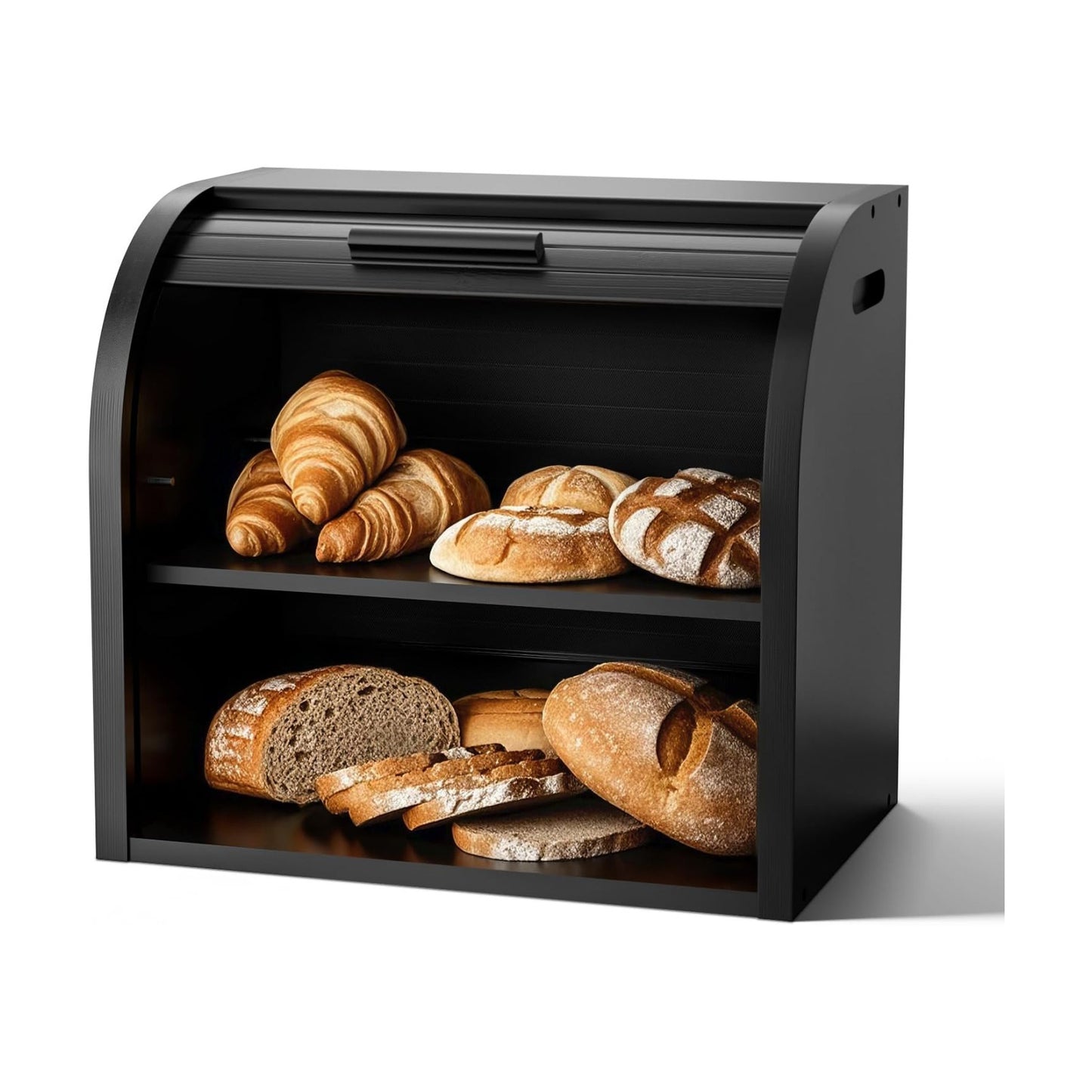 G.a HOMEFAVOR 2-Tier Bamboo Bread Box for Kitchen Counter, Black | Large Roll Top Bread Storage Container, Bread Holder