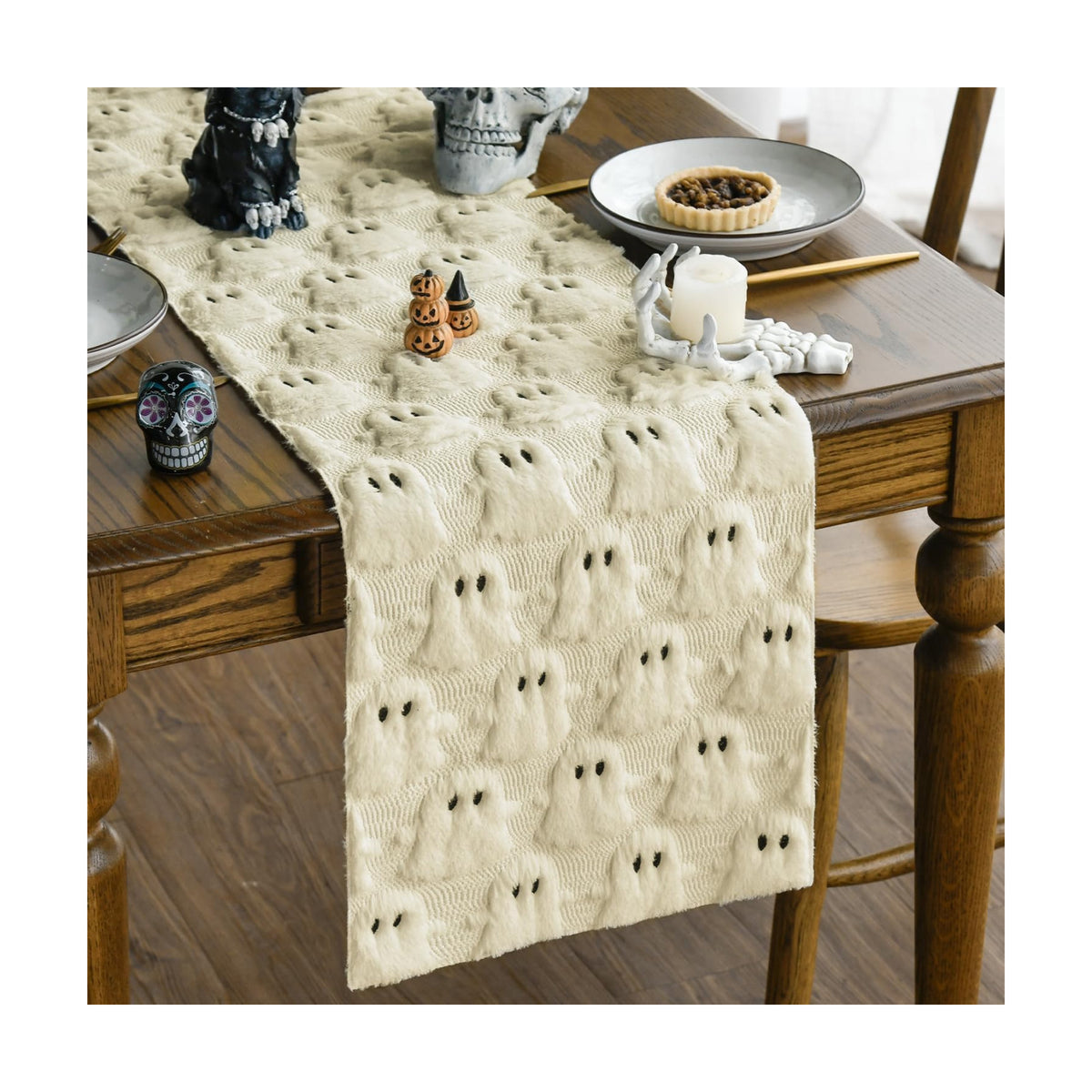 Artoid Mode Beige Soft Faux Fur Ghost Halloween Table Runner 13x36 Inch