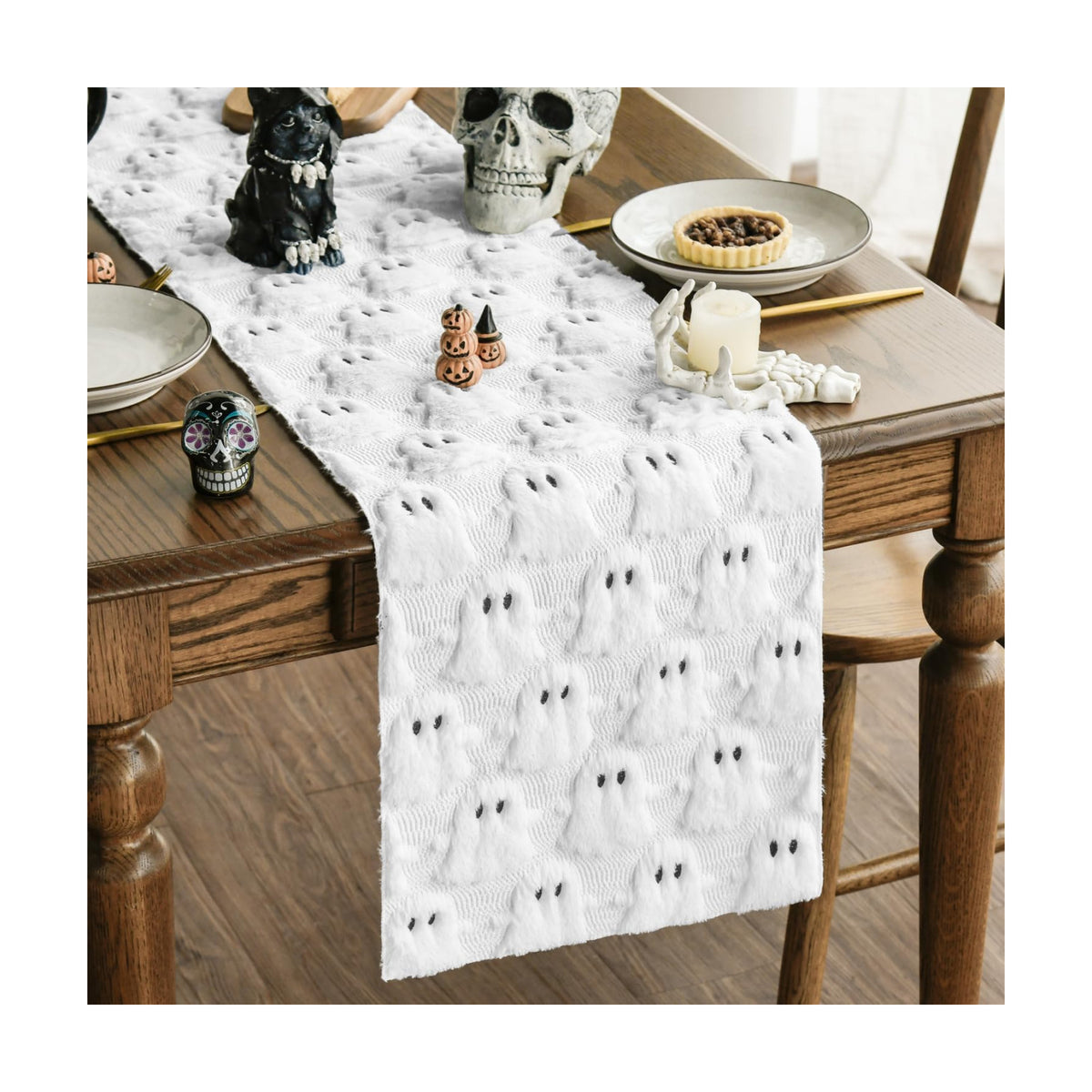Artoid Mode White Soft Faux Fur Ghost Halloween Table Runner 13x72 Inch