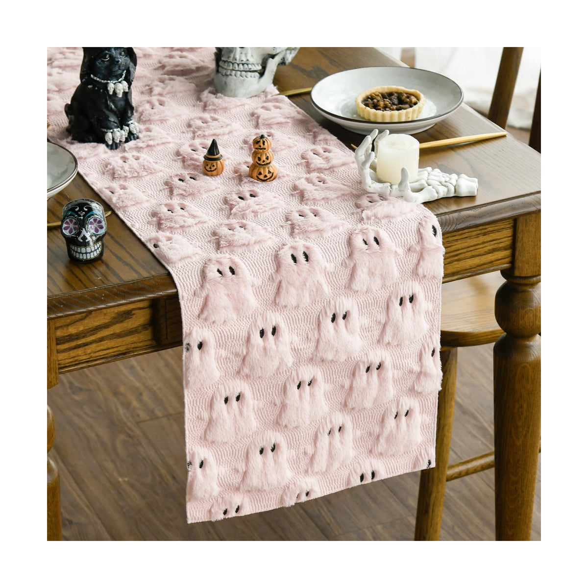Artoid Mode Pink Soft Faux Fur Ghost Halloween Table Runner 13x72 Inch