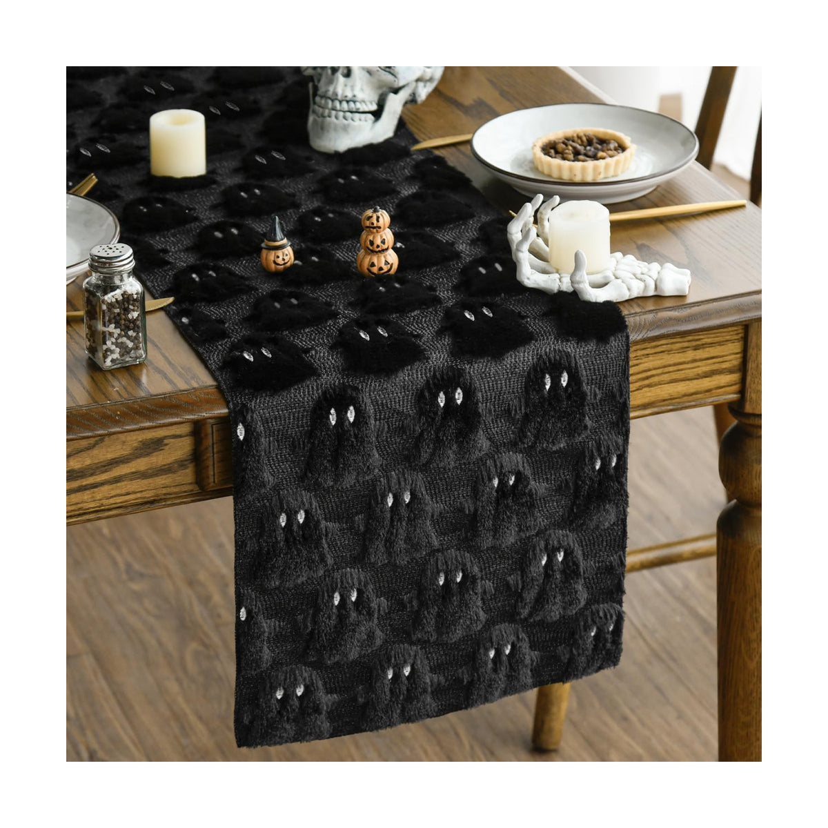 Artoid Mode Black Soft Faux Fur Ghost Halloween Table Runner 13x72 Inch