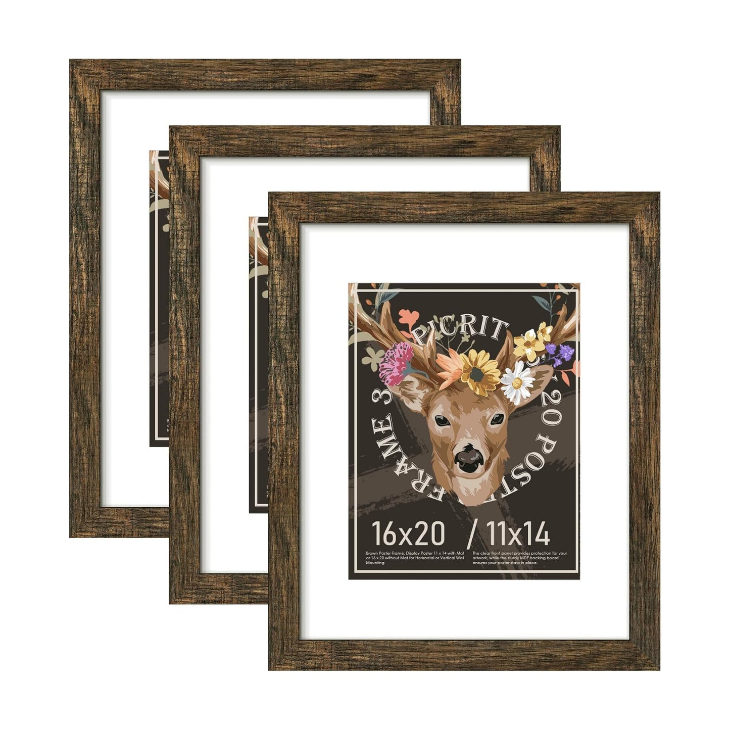 16x20 Rustic Brown Picture Frame, Poster Frame for Wall, 3 Pack | Fits 11x14 Photos With Mat or 16x20 Without Mat