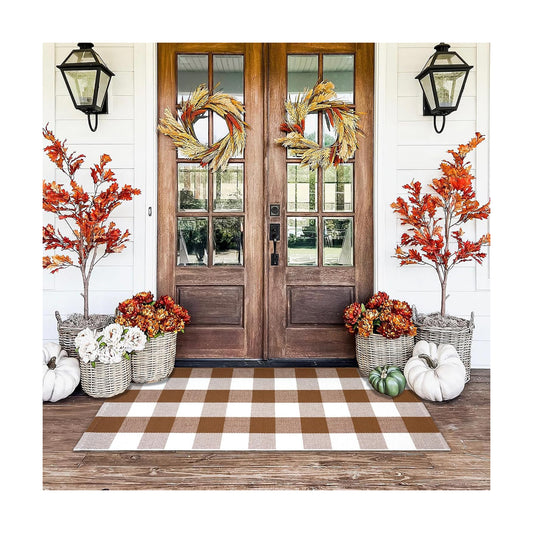 Homydecor Buffalo Plaid Outdoor Rugs, 24'' x 51'' Coffe and White Checkered Area Rug, Layering Rug for Hello/Welcome Door Mat, Washable Cotton Woven Farmhouse Mat for Front Porch Décor