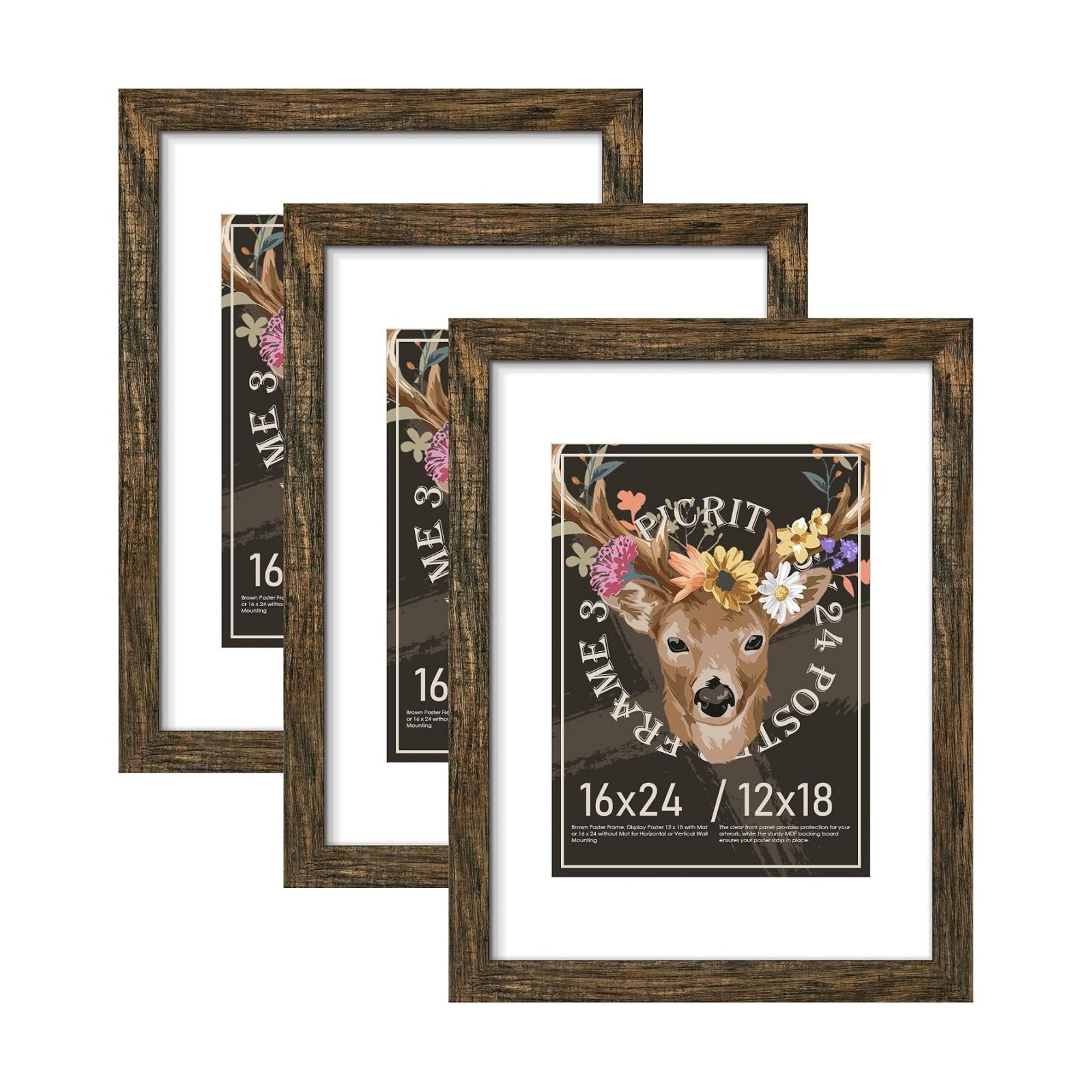 16x24 Rustic Brown Picture Frame, Poster Frame for Wall, 3 Pack | Fits 12x18 Photos With Mat or 16x24 Without Mat
