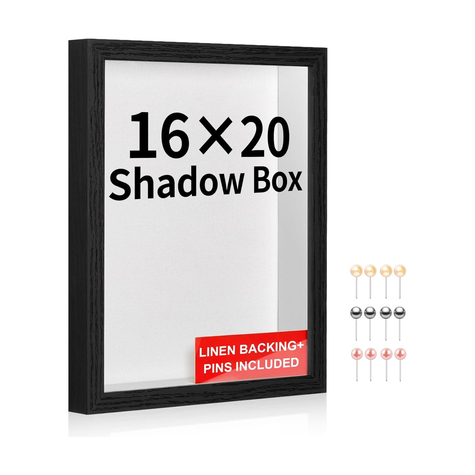 16x20 Large Shadow Box Frame with Thickened Acrylic Panel & Pins | With Linen Back, Upgraded 1.7" Deep Black Shadow Box