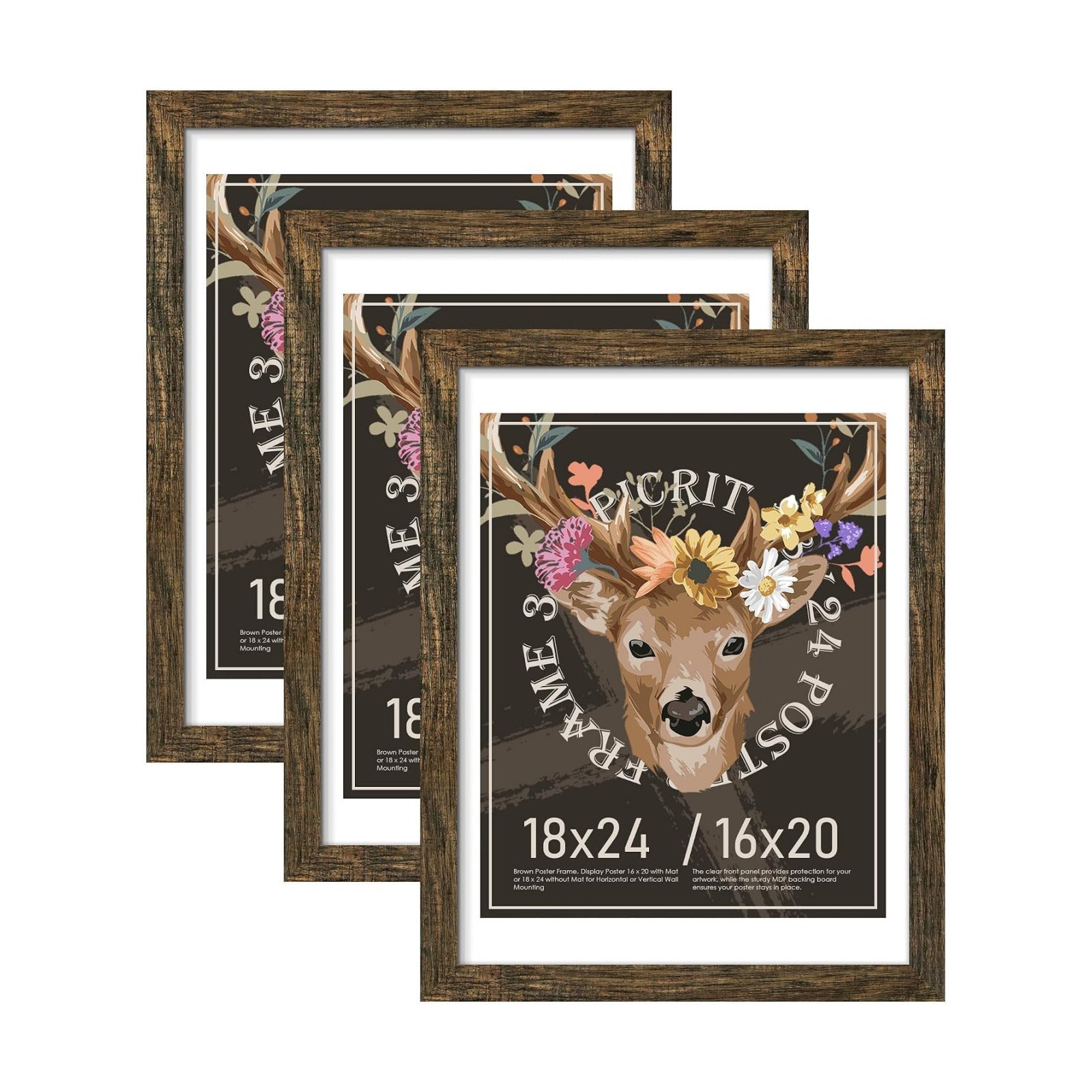 18x24 Rustic Brown Poster Frame, Picture Frame for Wall, 3 Pack | Fits 16x20 Photos With Mat or 18x24 Without Mat