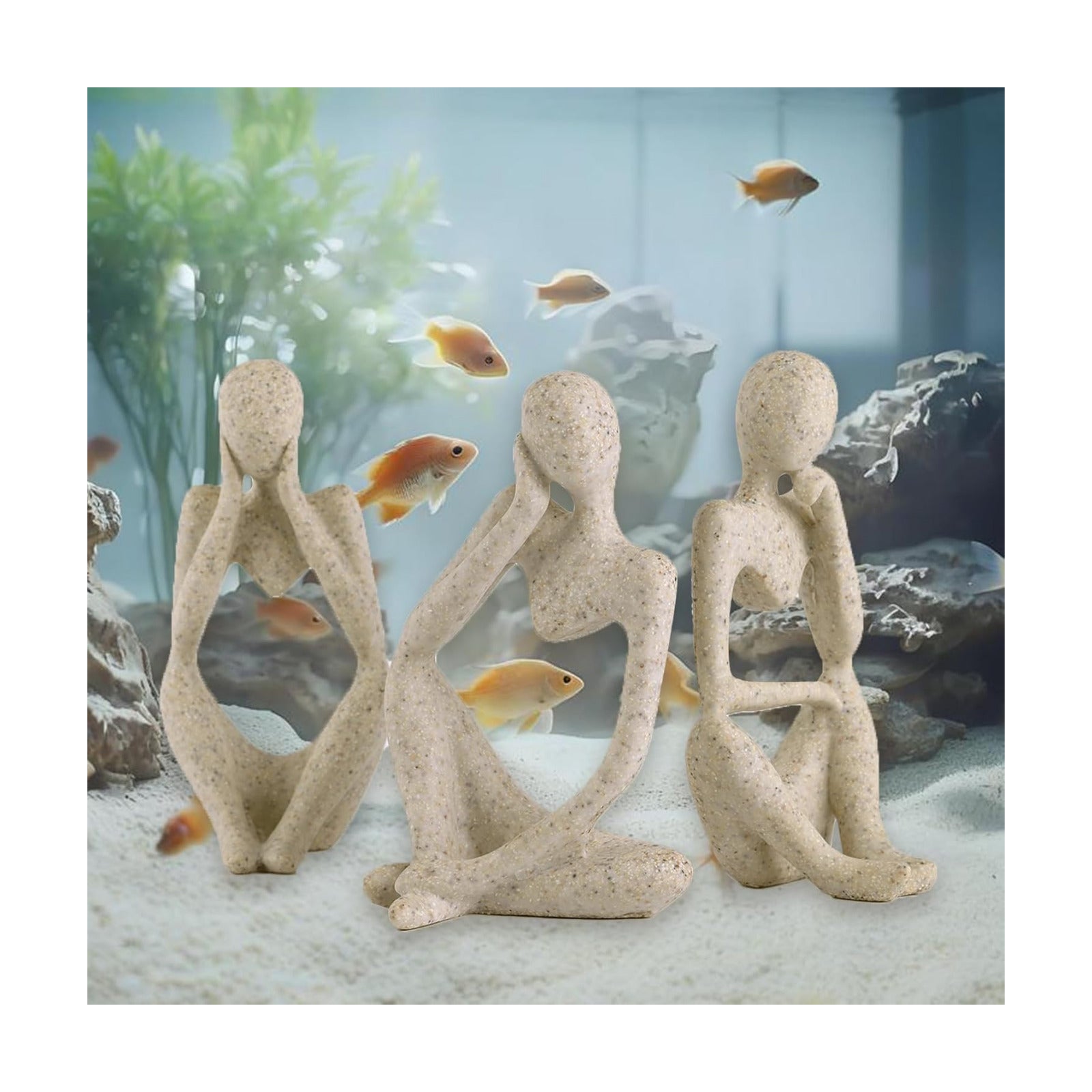 Fish Aquarium Decor Ornaments Minimalist Sandstone Fish Tank Decorations / Thinker Statue / Set of 3