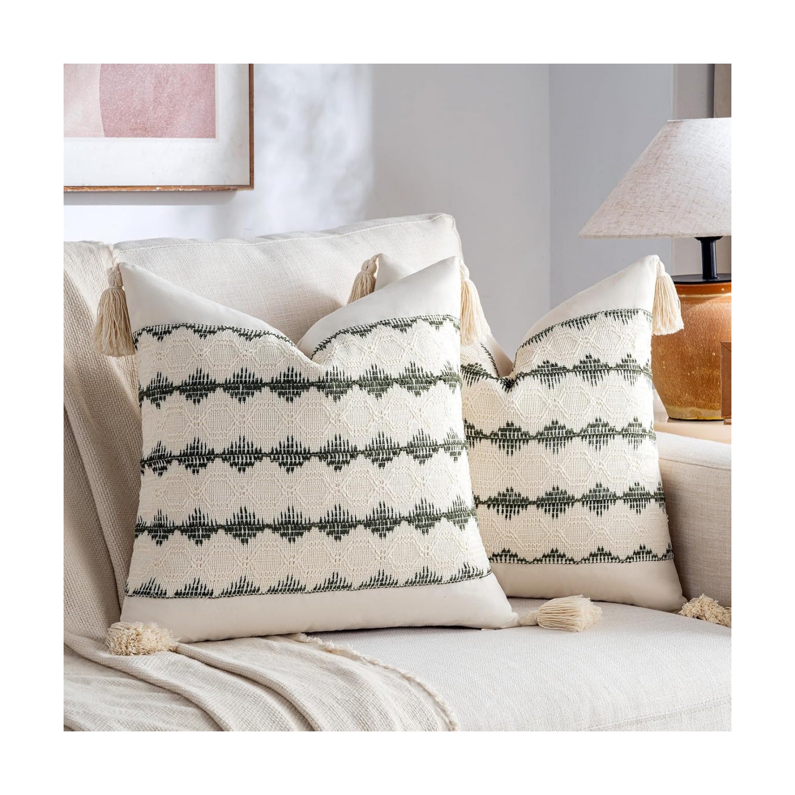 Boho Decorative Throw Pillow Cover / 18 x 18 / Olive Green / Set of 2