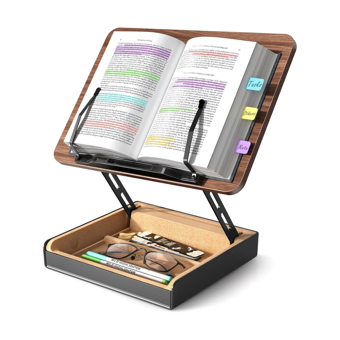 Book Stand with Storage, Book Holder for Reading Hands Free | Wooden Cookbook Stand for Kitchen Counter, Adjustable