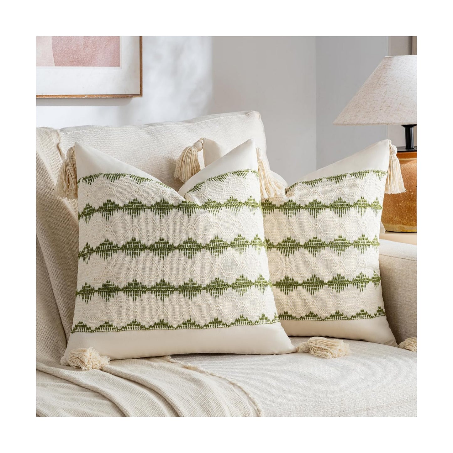 Boho Decorative Throw Pillow Cover / 18 x 18 / Moss Green / Set of 2