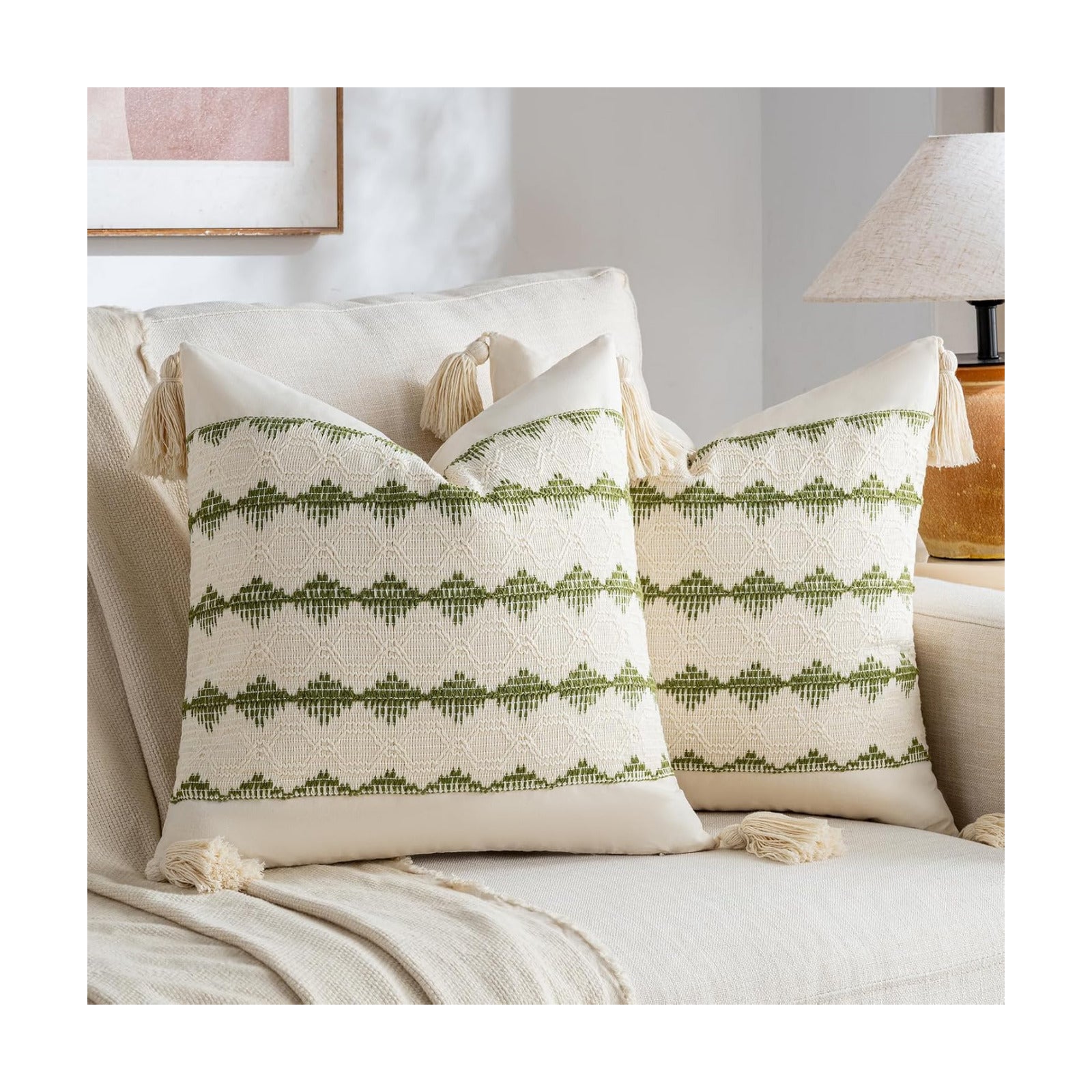 Boho Decorative Throw Pillow Cover / 18 x 18 / Moss Green / Set of 2