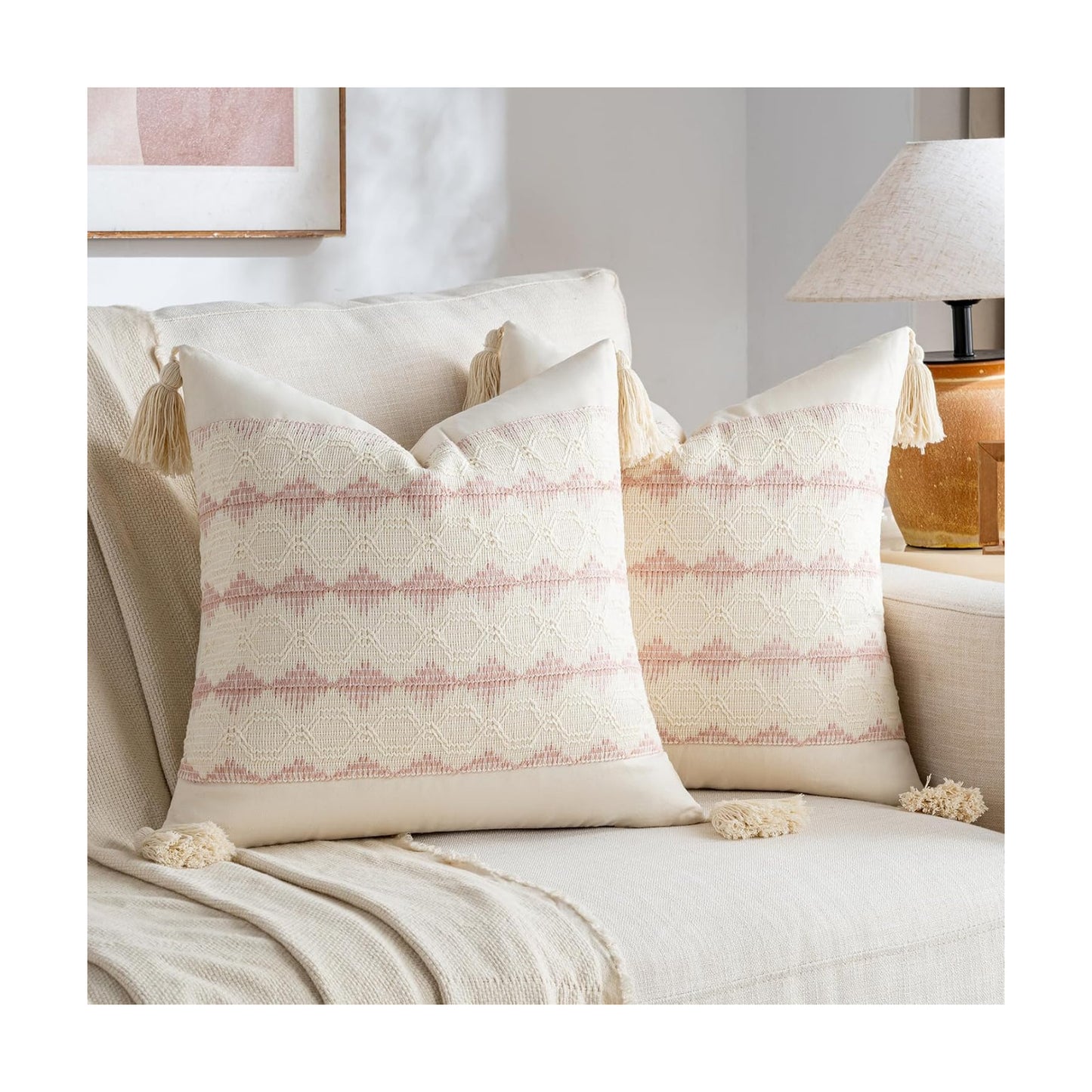 Boho Decorative Throw Pillow Cover / 16 x 16 / Pink / Set of 2