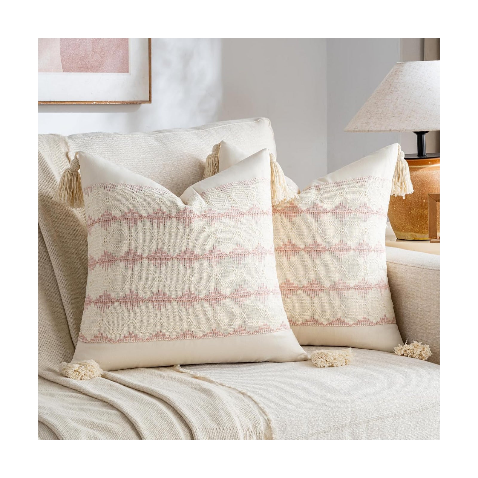 Boho Decorative Throw Pillow Cover / 16 x 16 / Pink / Set of 2