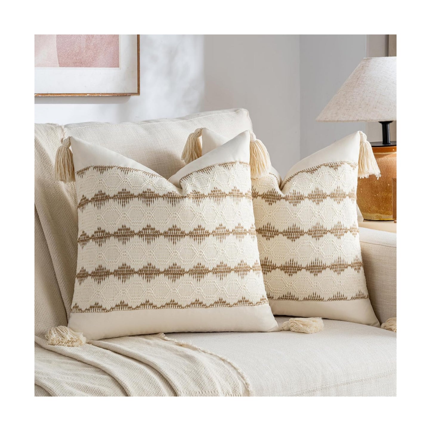 Neutral Decorative Throw Pillow Cover / 18 x 18 / Tan / Set of 2