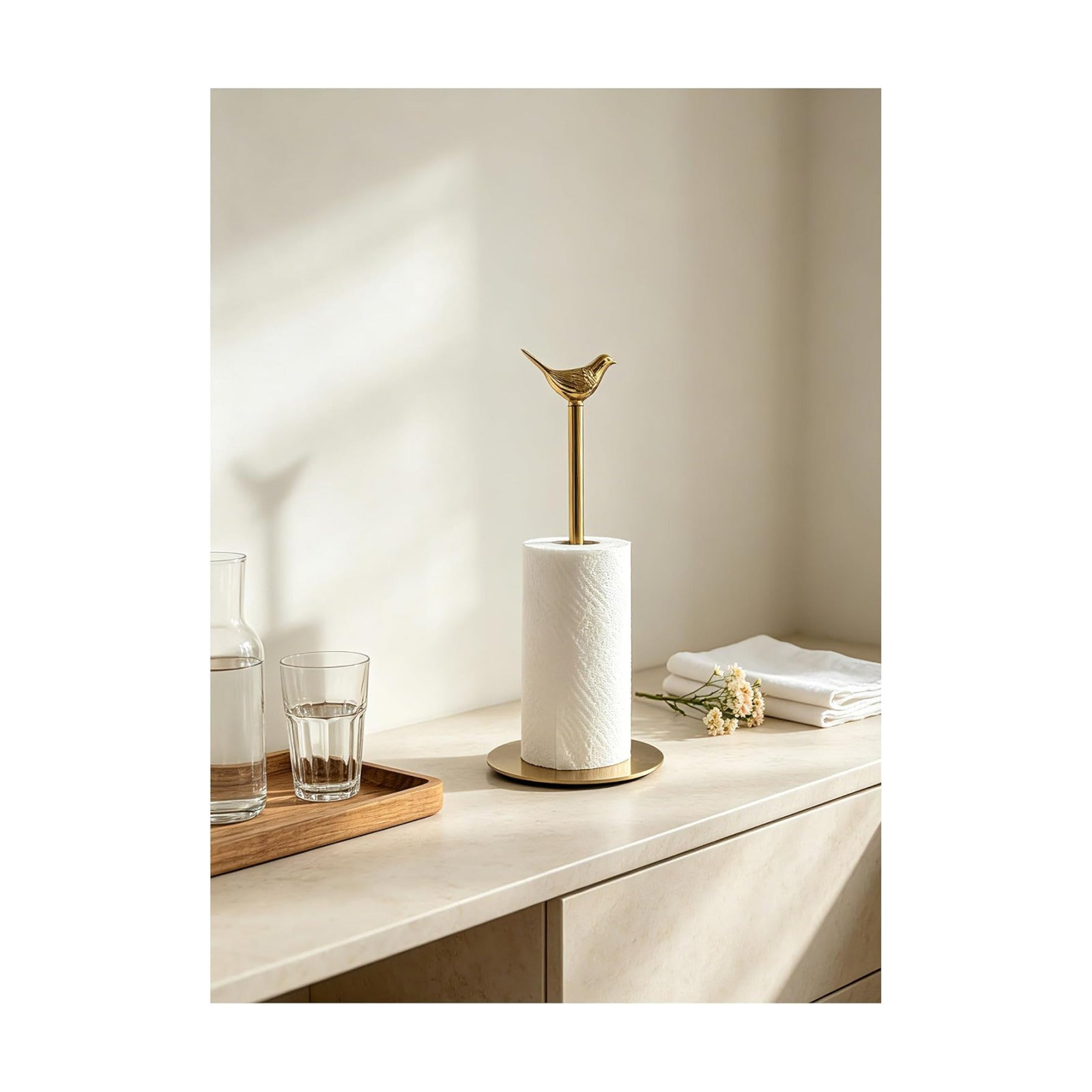 Gold Paper Towel Holder Countertop Brass Papertowel Holder with Removable Bird Decor