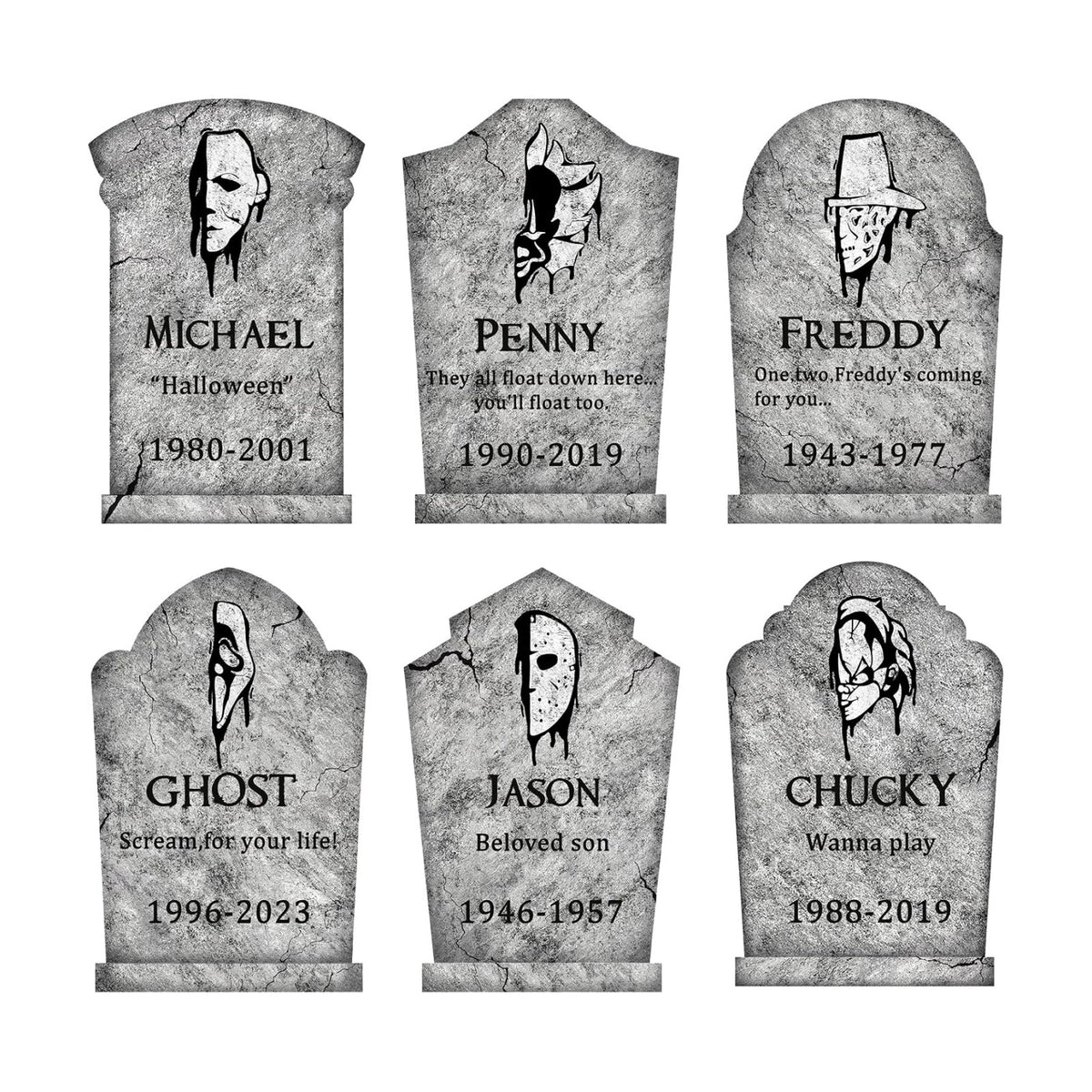 Halloween Decorations Outdoor Graveyard Tombstones: 6ct Large Tombstone Halloween Decor Yard Signs with Stake, 17" Tall Scary Gravestones with Half Killer Face, Waterproof Lawn Decor Outside, Not Foam