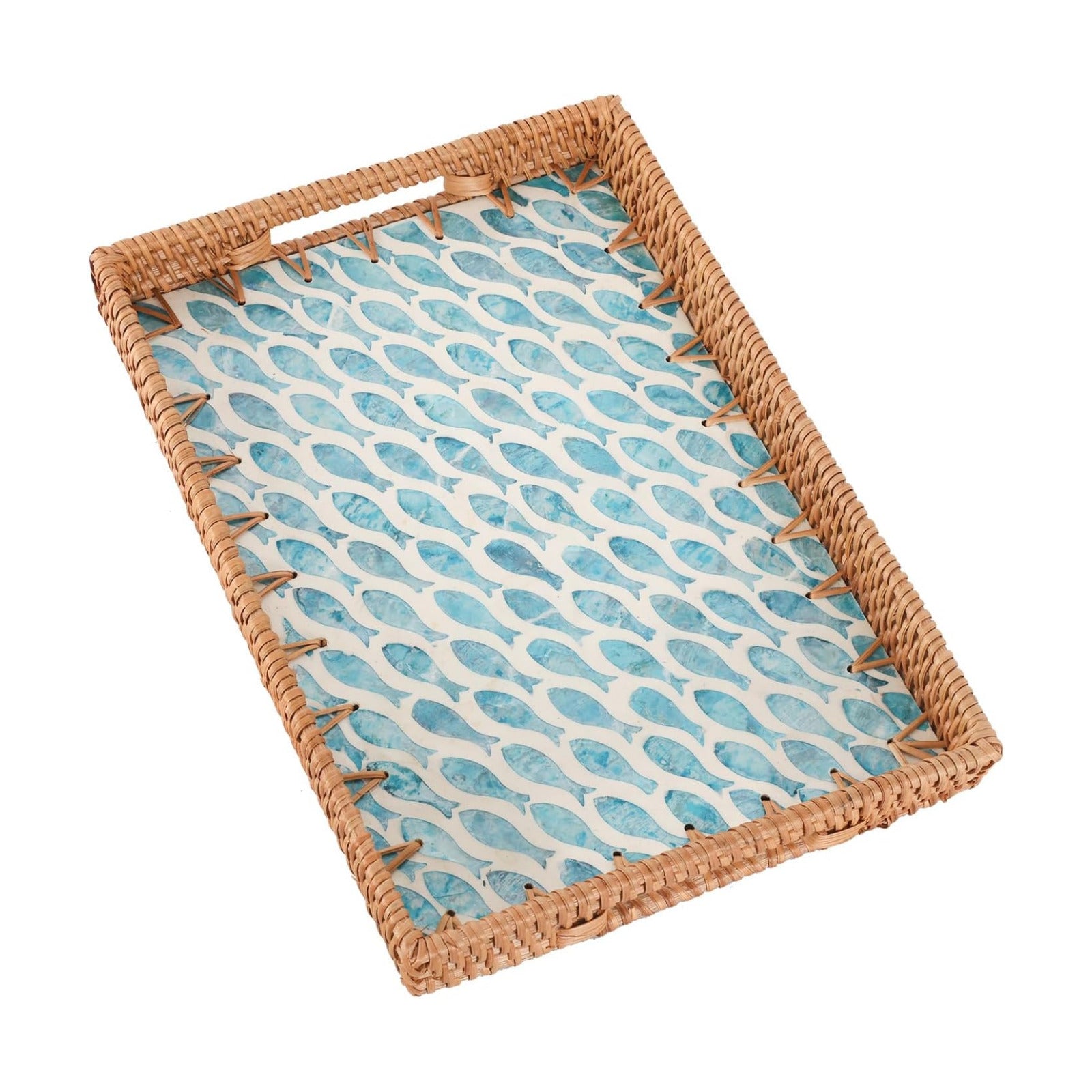 Rattan Serving Tray / Turquoise Fish